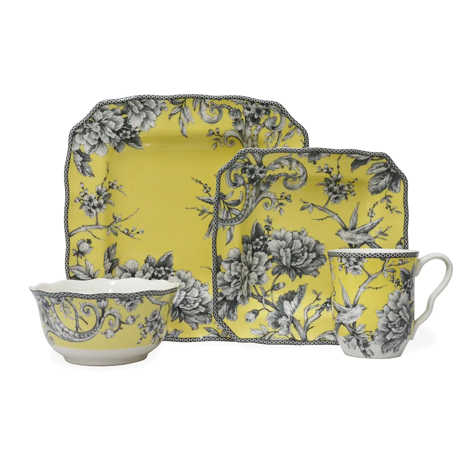French Toile de Jouy 16-Piece Casual Yellow Porcelain Dinnerware Set Service for 4