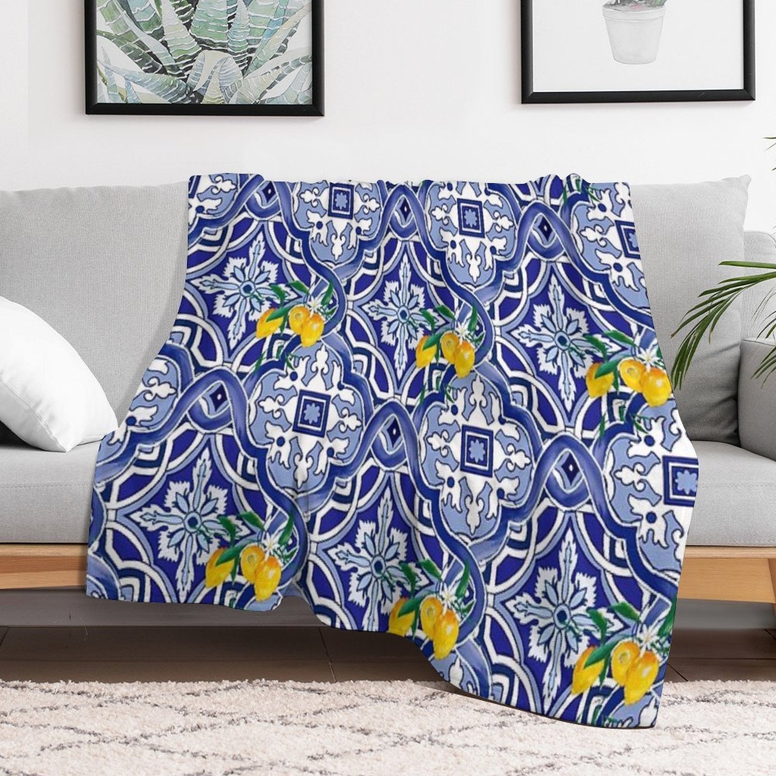 Mediterranean Blue Tiles Pattern Throw Blanket