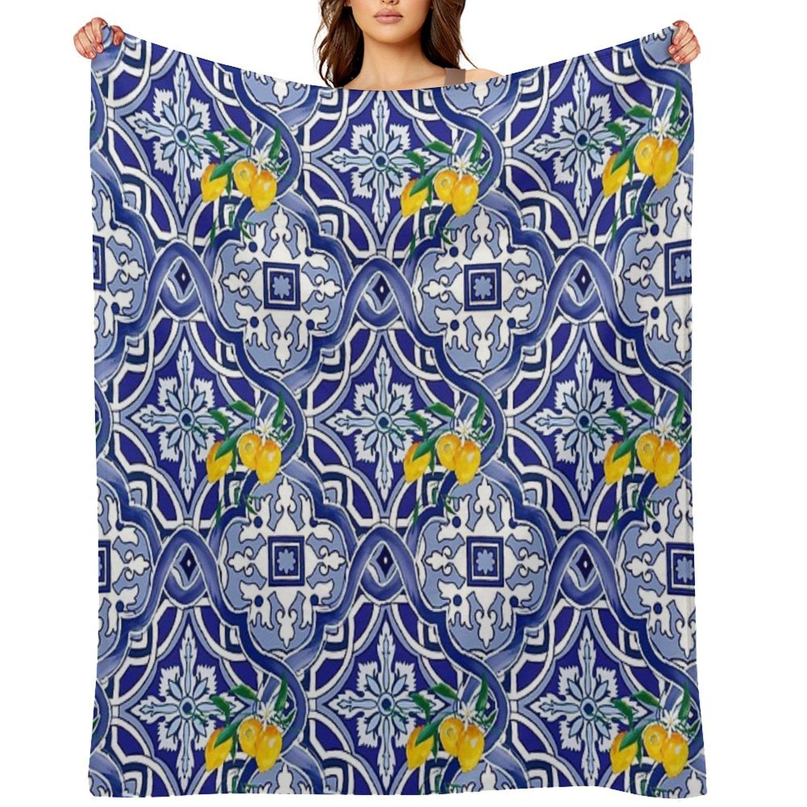 Mediterranean Blue Tiles Pattern Throw Blanket