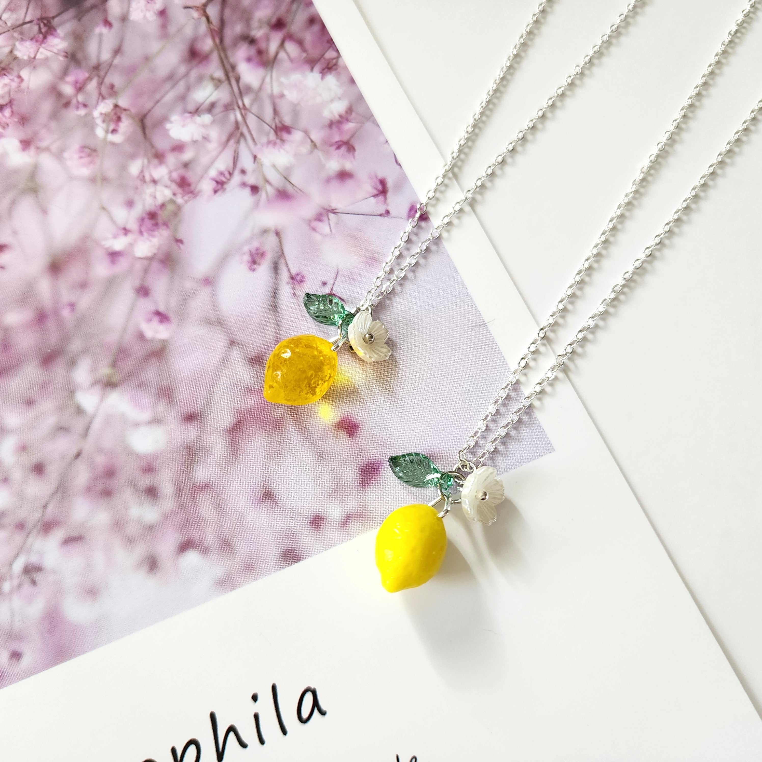 Mediterranean Glass Lemon Necklace - 925 Silver Plated Lemon Citrus Fruit Necklace