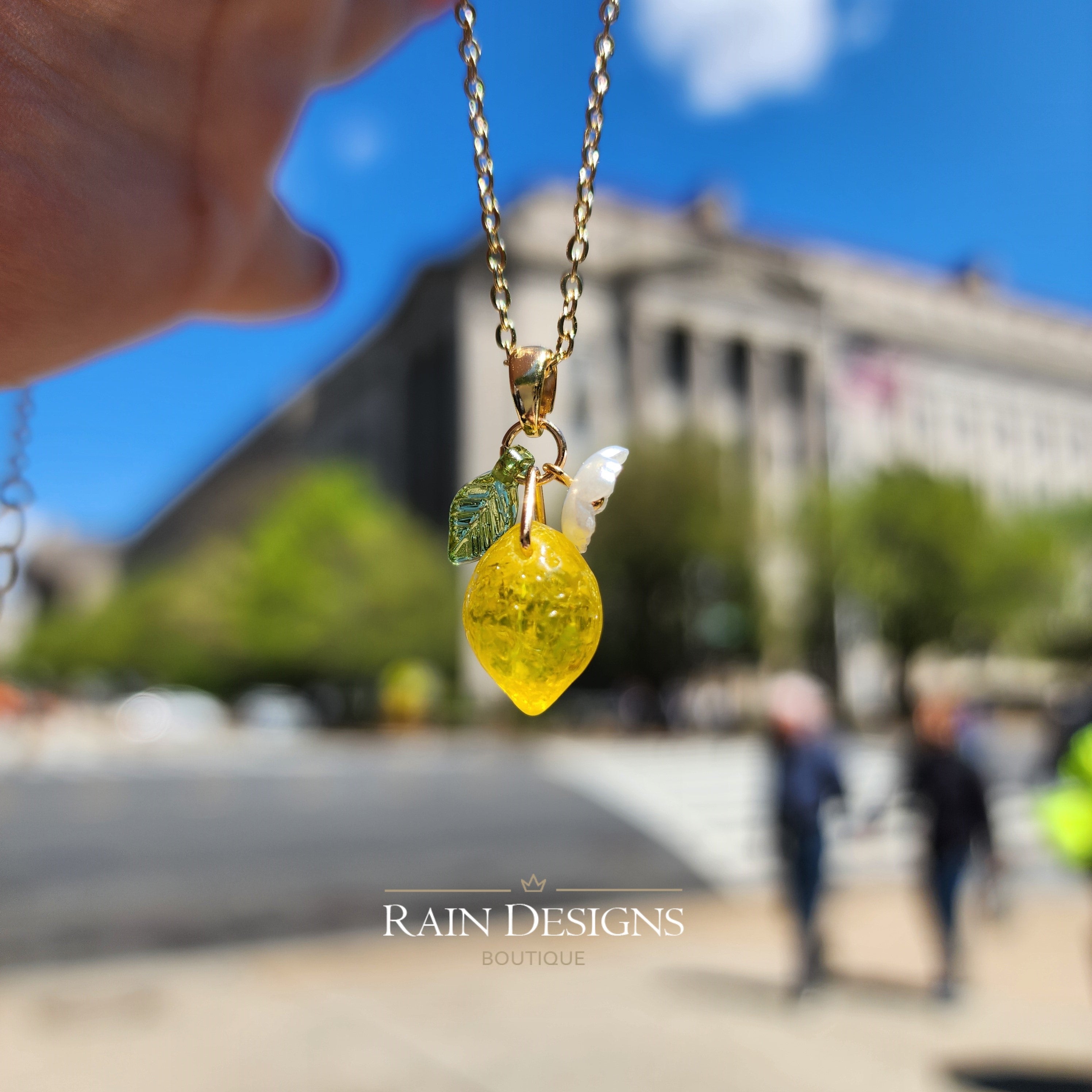 Mediterranean Glass Lemon Necklace - 925 Silver Plated Lemon Citrus Fruit Necklace