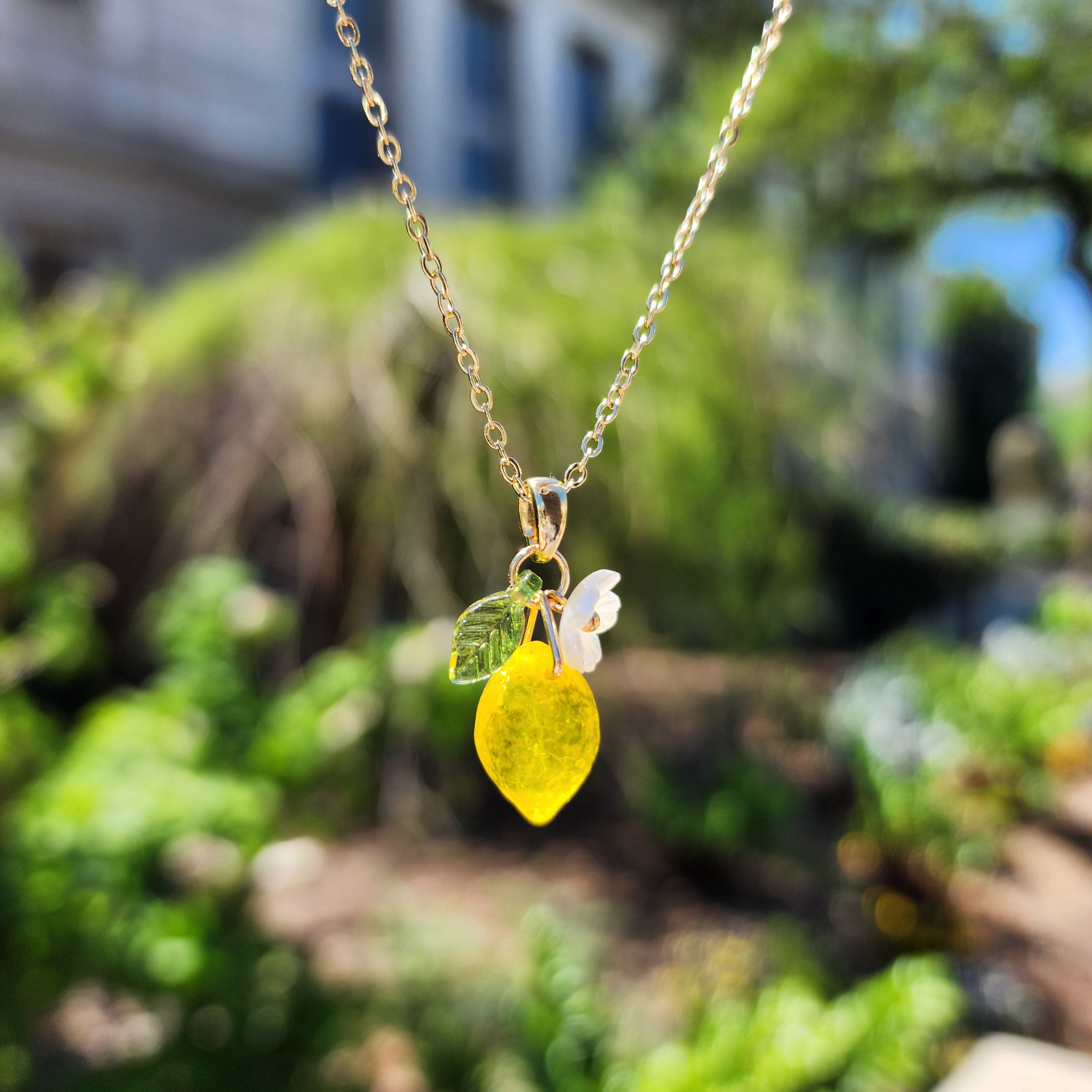 Mediterranean Glass Lemon Necklace - 925 Silver Plated Lemon Citrus Fruit Necklace