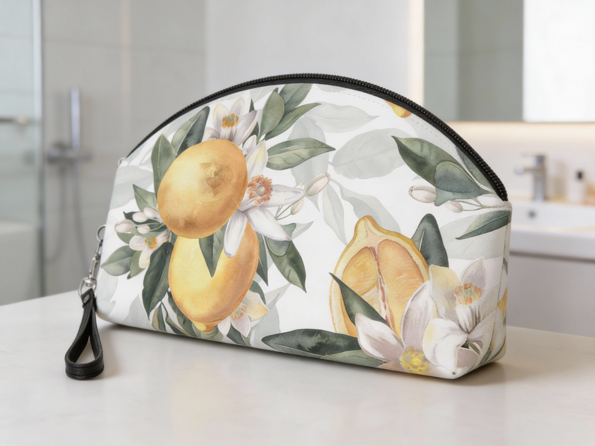Mediterranean Lemon Blossom Makeup Bag — Citrus Floral Cosmetic Pouch