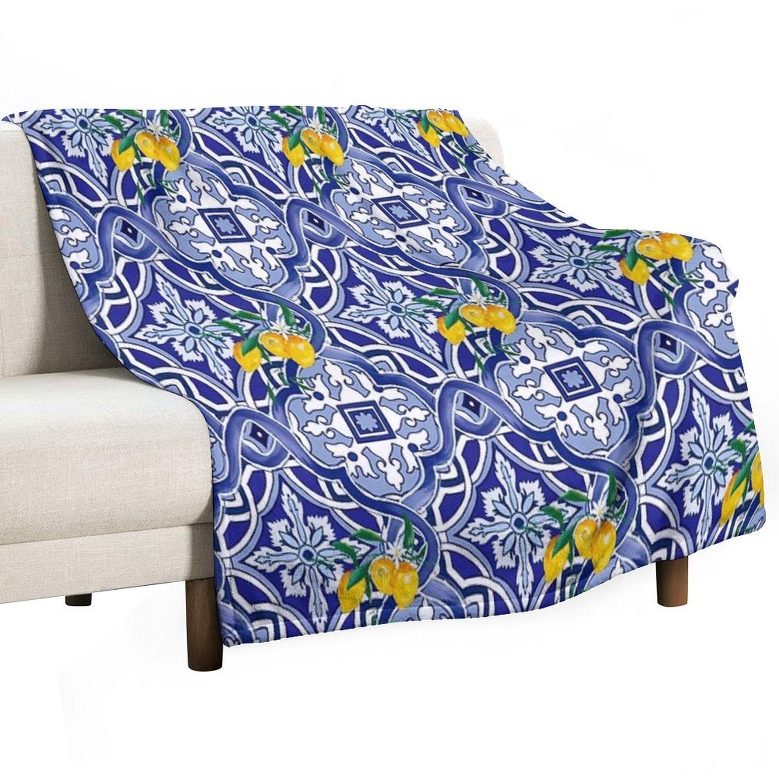 Mediterranean Blue Tiles Pattern Throw Blanket