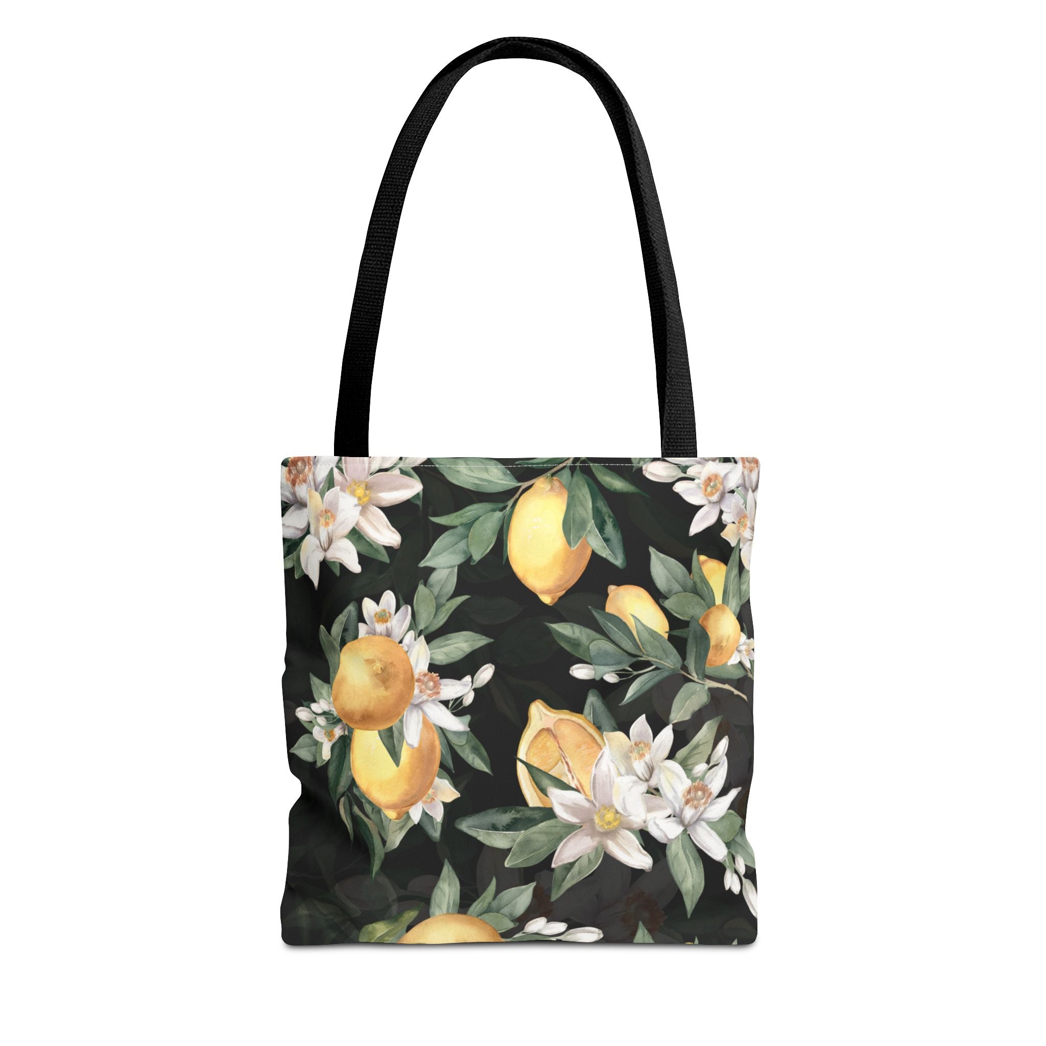 Tote bag with lemon and flower pattern on a black background