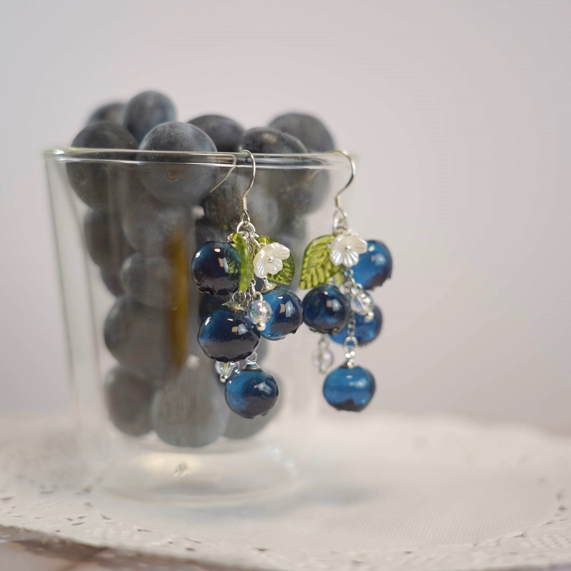 Luxury Blueberry Fruit Cluster Earrings | Handmade Resin Art Blueberry Dangle Earrings