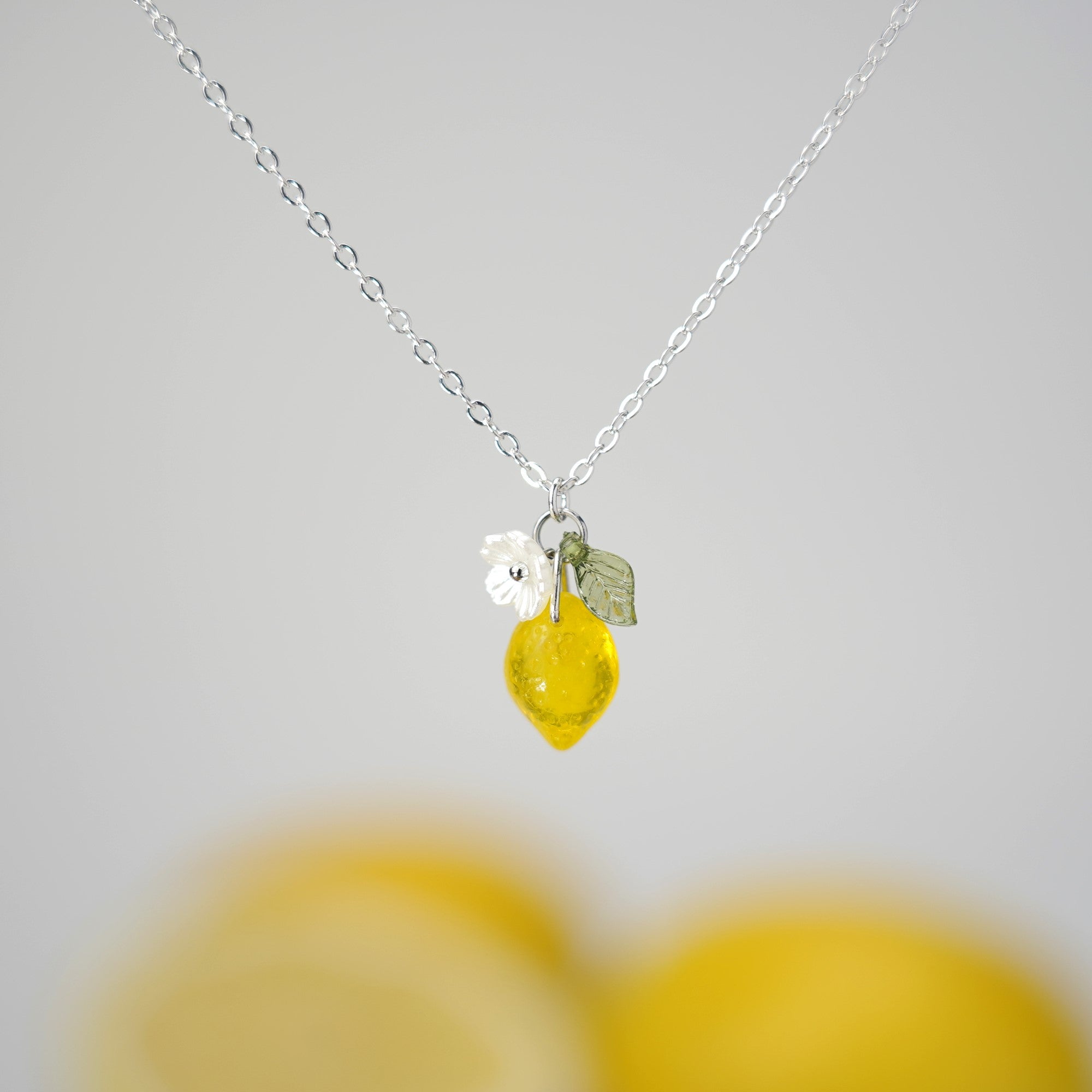 Mediterranean Glass Lemon Necklace - 925 Silver Plated Lemon Citrus Fruit Necklace