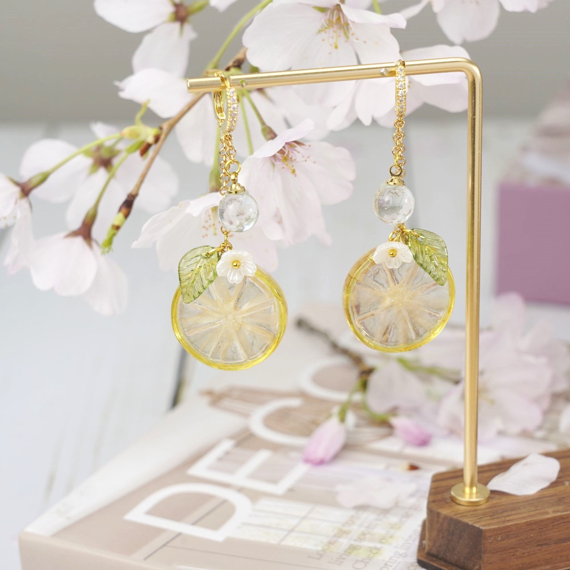 Lemon Slice with White Flower Earrings | Citrus Resin Dangle Earrings