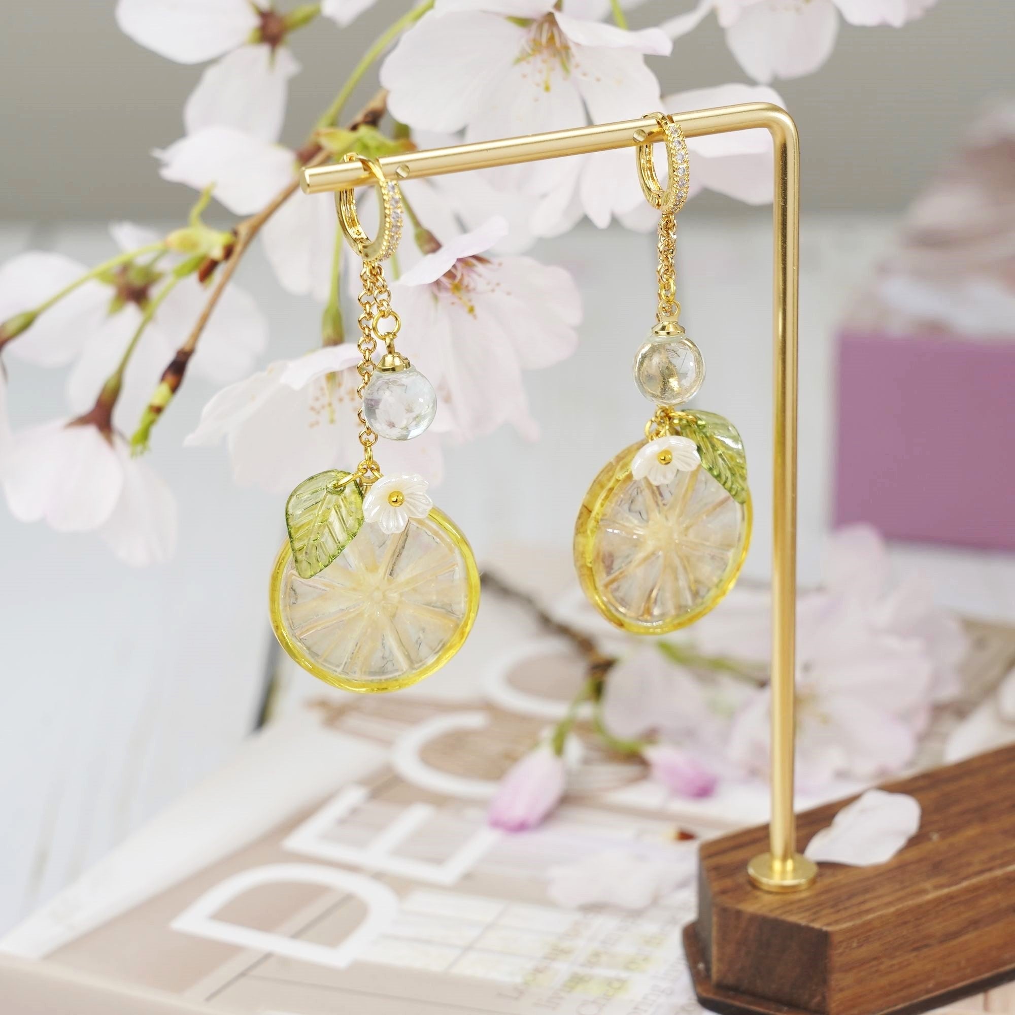 Lemon Slice with White Flower Earrings | Citrus Resin Dangle Earrings