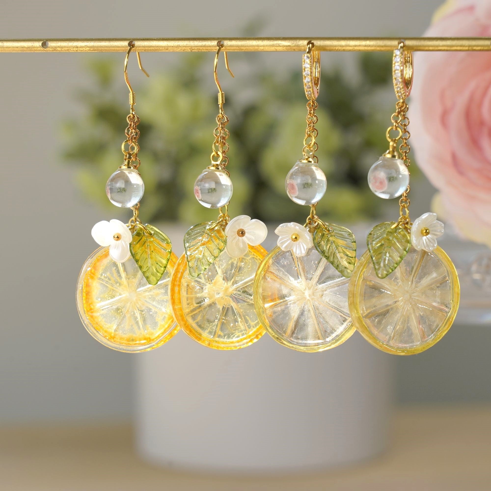 Lemon Slice with White Flower Earrings | Citrus Resin Dangle Earrings