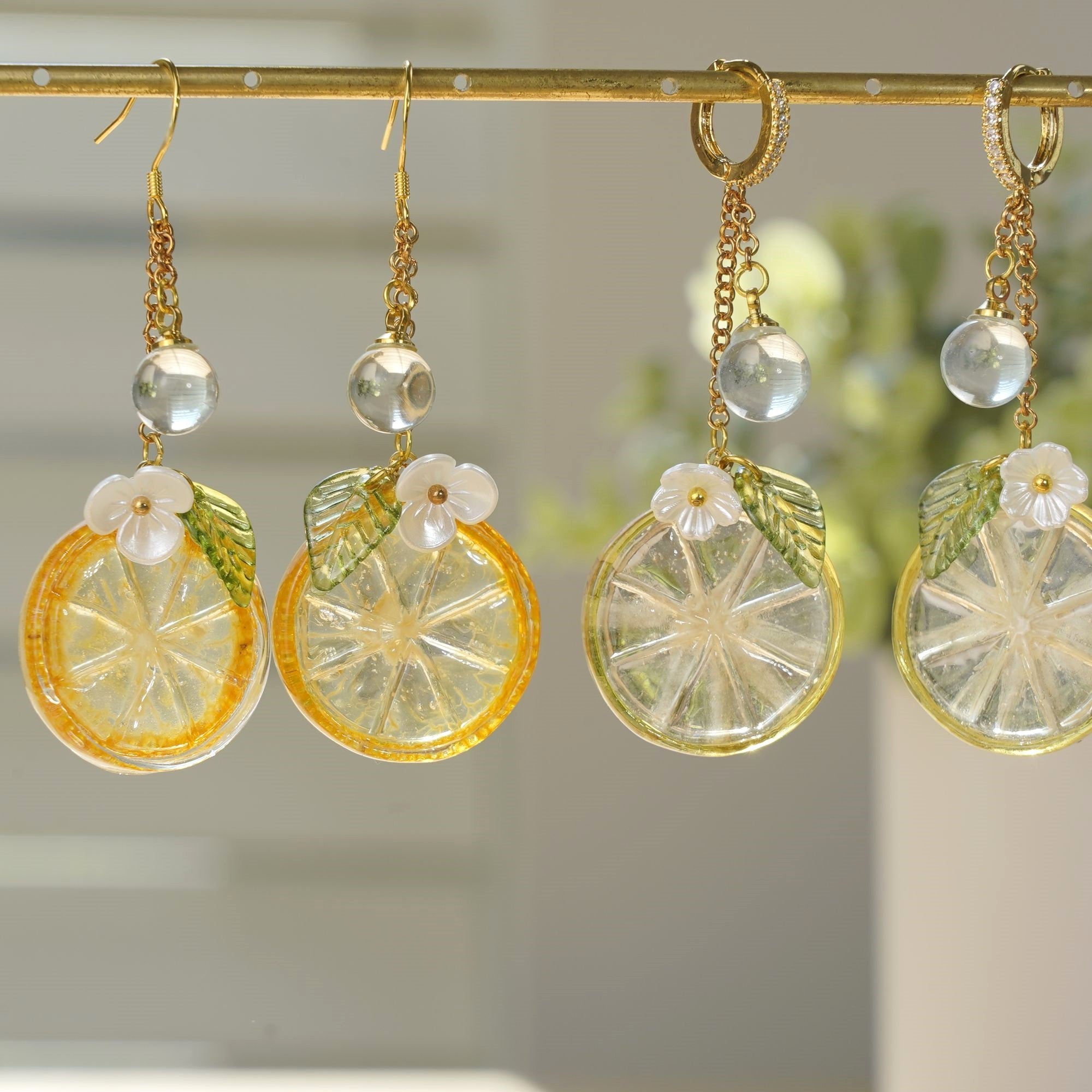 Lemon Slice with White Flower Earrings | Citrus Resin Dangle Earrings