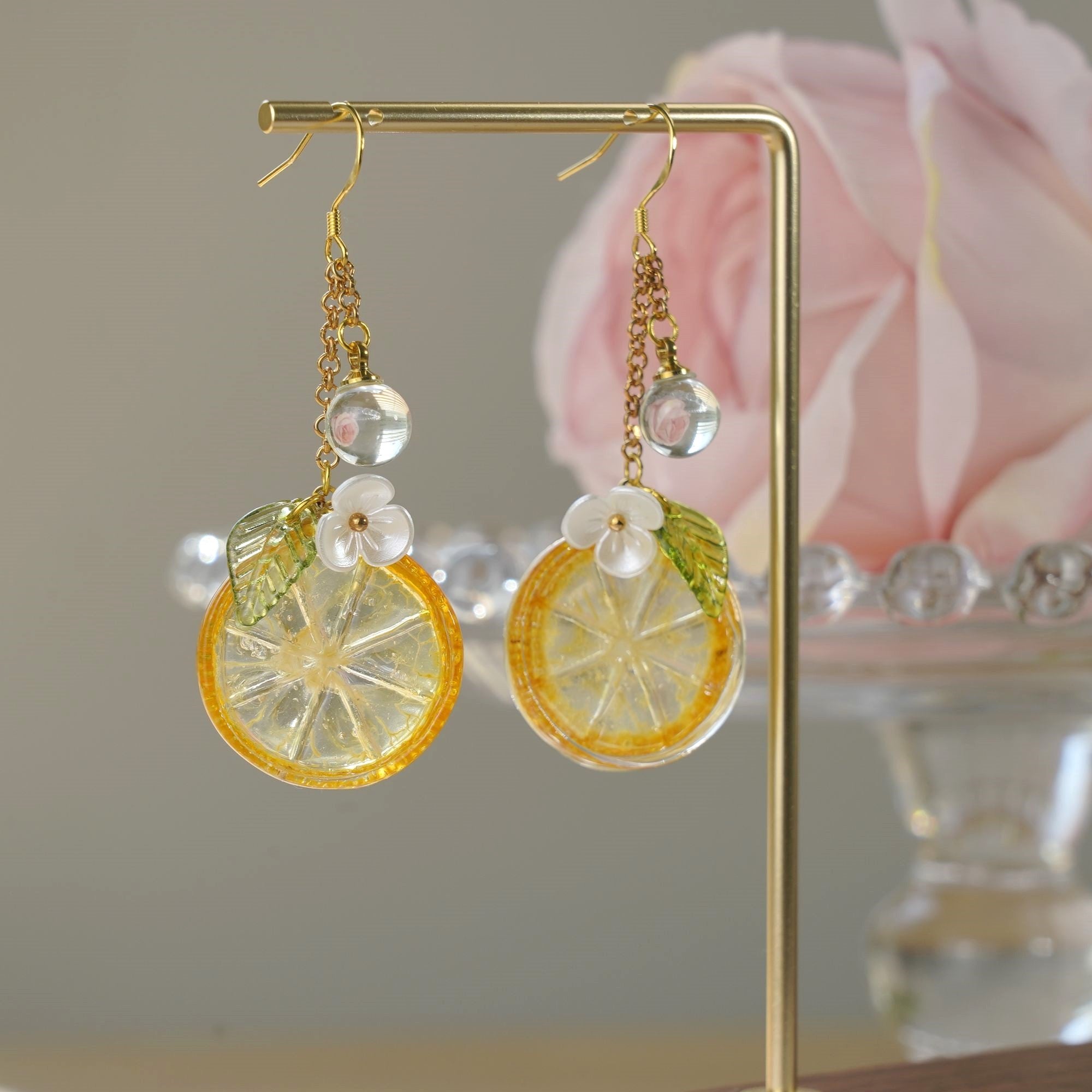 Lemon Slice with White Flower Earrings | Citrus Resin Dangle Earrings