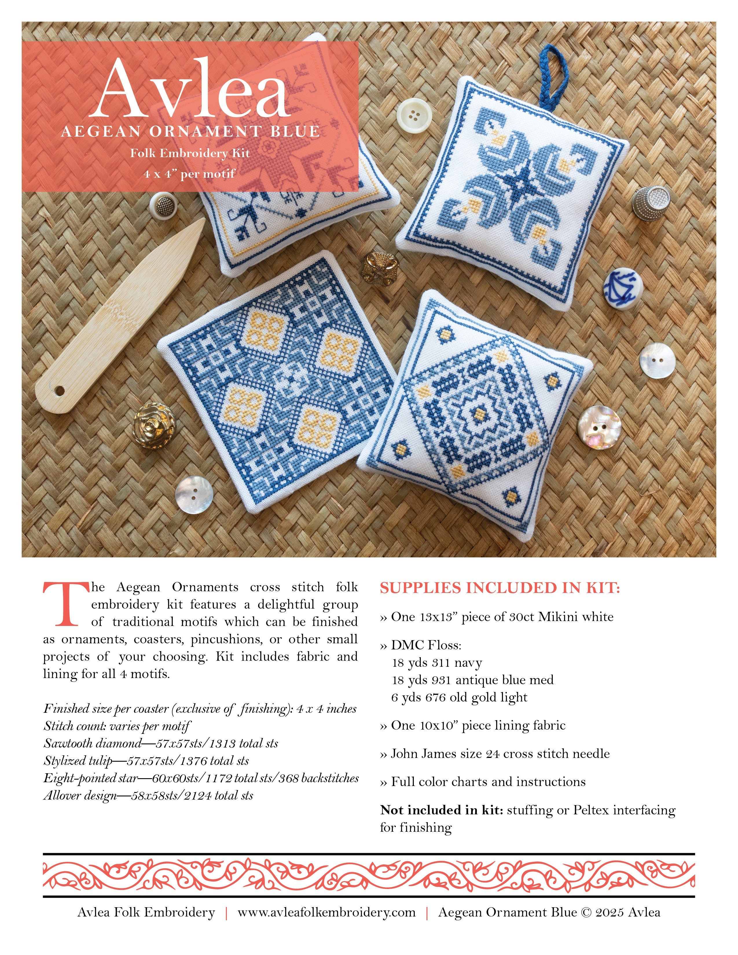 Aegean Ornaments Blue cross stitch folk embroidery kit