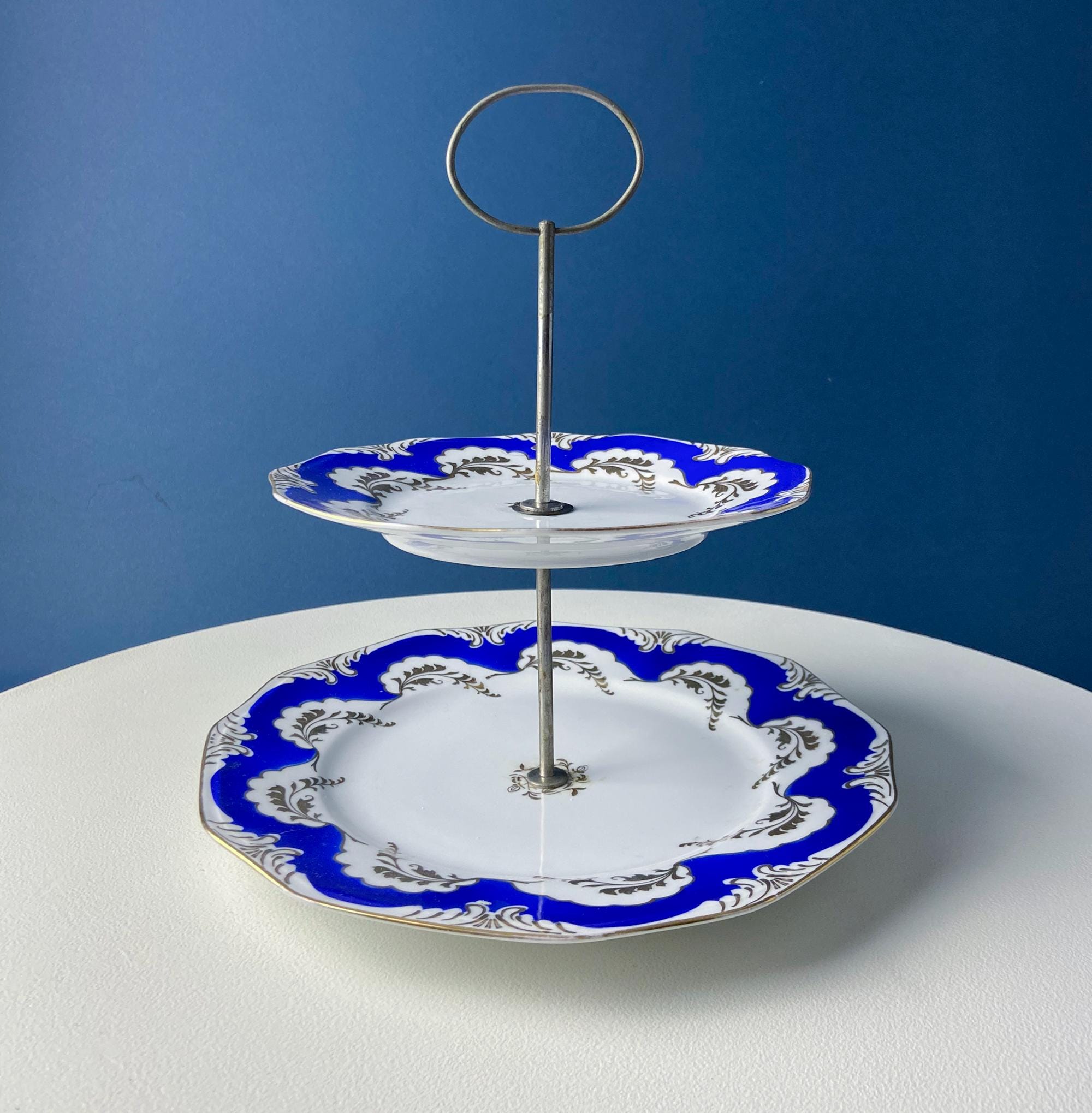 Antique 2-Tiered Display Stand for Sweets, Baked Goods, Cup Cakes, Fruit. Cobalt Blue & Gold Motifs. Dining Rm Decor. Tea Party Accessories.