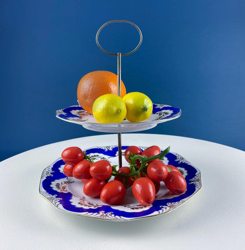 Antique 2-Tiered Display Stand for Sweets, Baked Goods, Cup Cakes, Fruit. Cobalt Blue & Gold Motifs. Dining Rm Decor. Tea Party Accessories.