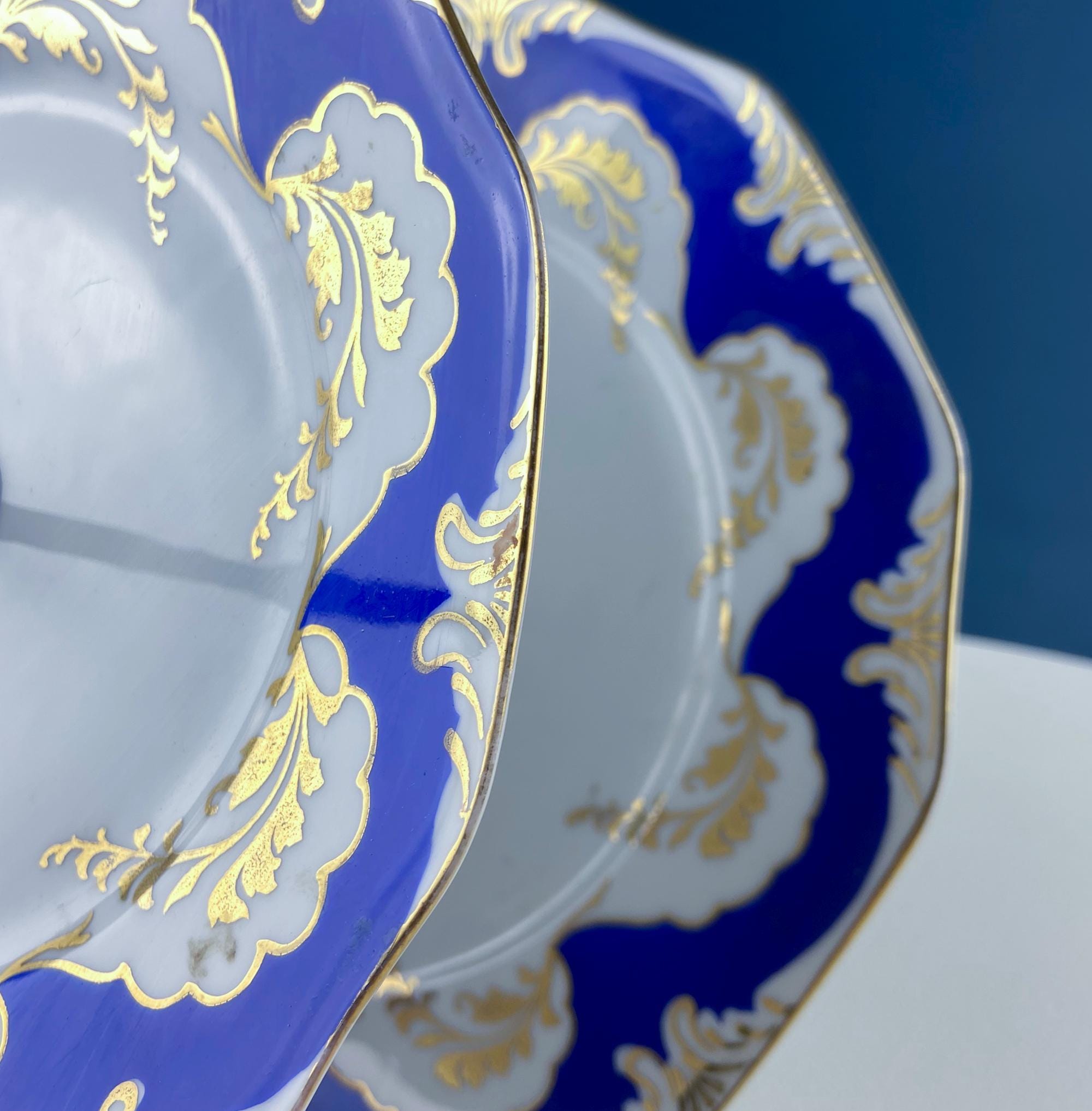 Antique 2-Tiered Display Stand for Sweets, Baked Goods, Cup Cakes, Fruit. Cobalt Blue & Gold Motifs. Dining Rm Decor. Tea Party Accessories.