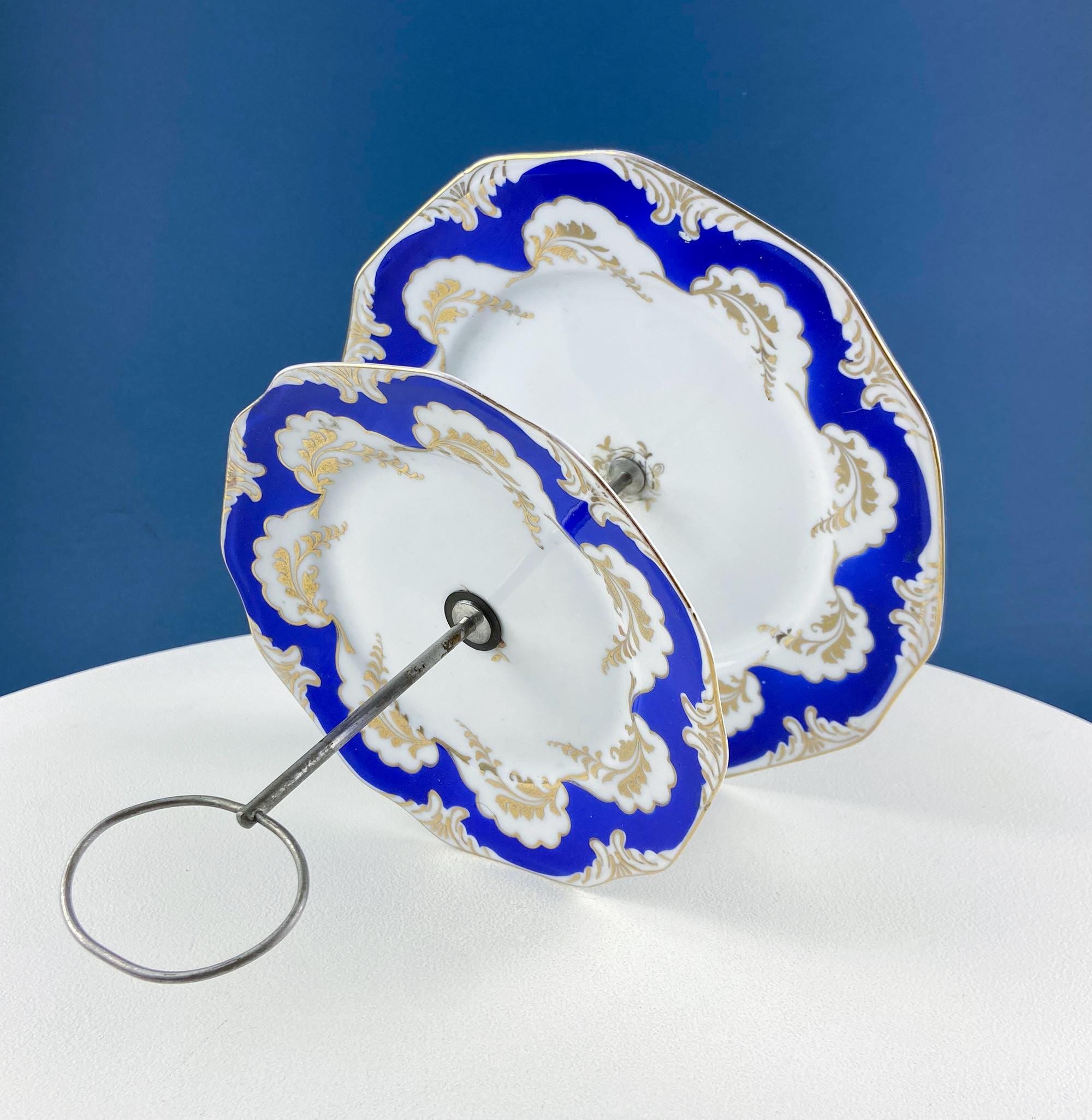 Antique 2-Tiered Display Stand for Sweets, Baked Goods, Cup Cakes, Fruit. Cobalt Blue & Gold Motifs. Dining Rm Decor. Tea Party Accessories.