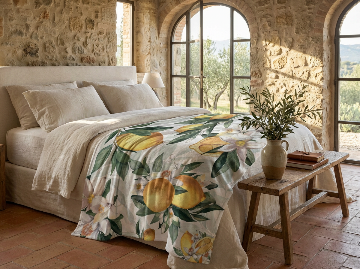Bedroom with stone walls and large windows, featuring a bed with a lemon-patterned duvet.