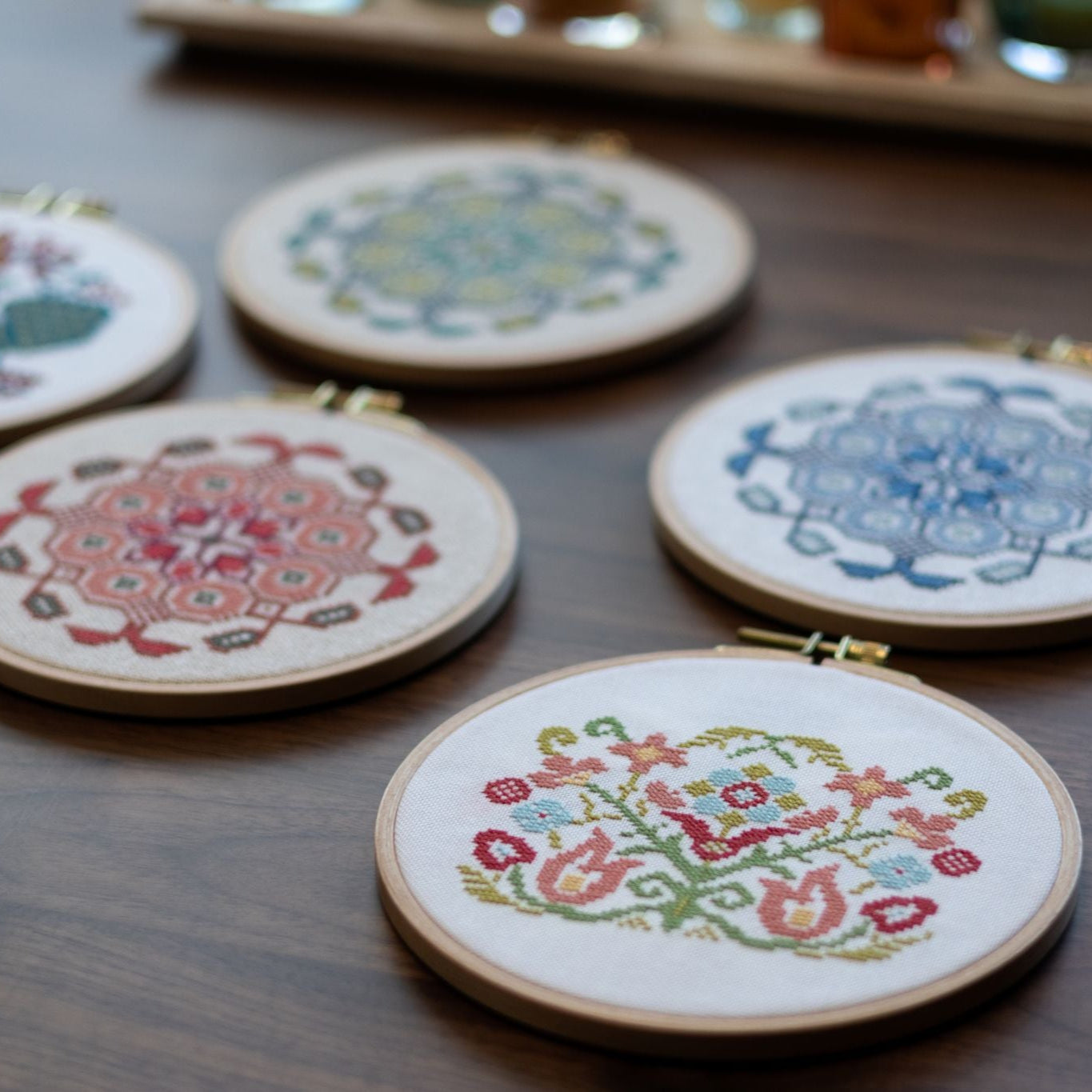 Mediterranean Medallion cross stitch hoop kit in three colors
