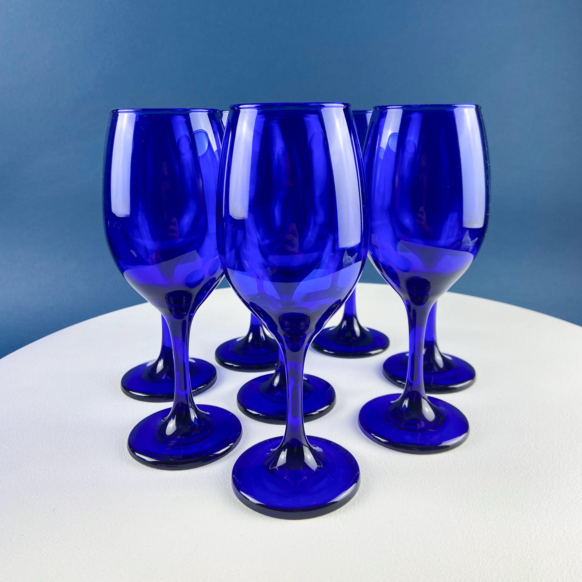 Cobalt Blue Wine Glasses. Set of 8 Stemware. Dark Blue Modern Glassware. Holiday Celebration. Fine Dining.