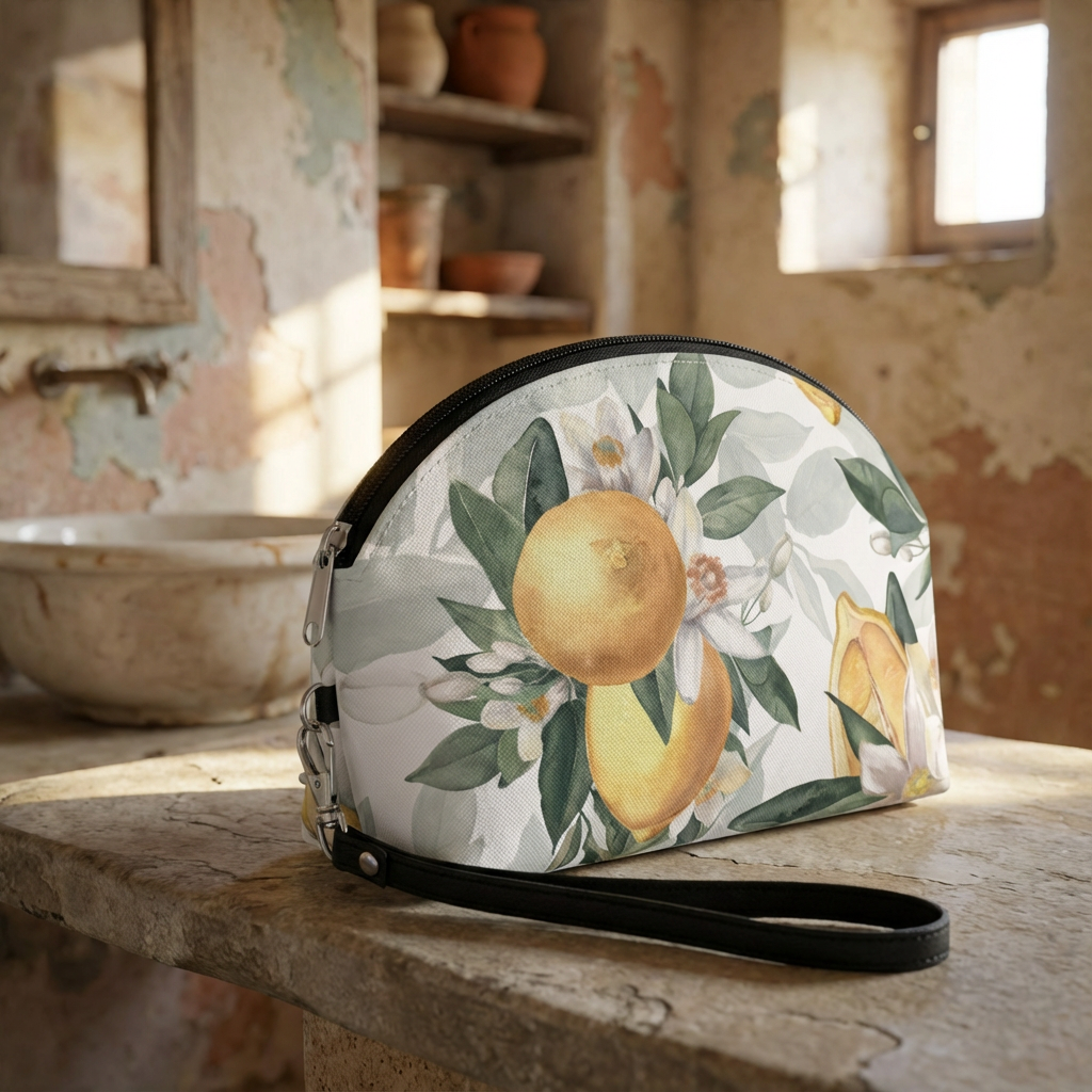 Mediterranean Lemon Blossom Makeup Bag — Citrus Floral Cosmetic Pouch