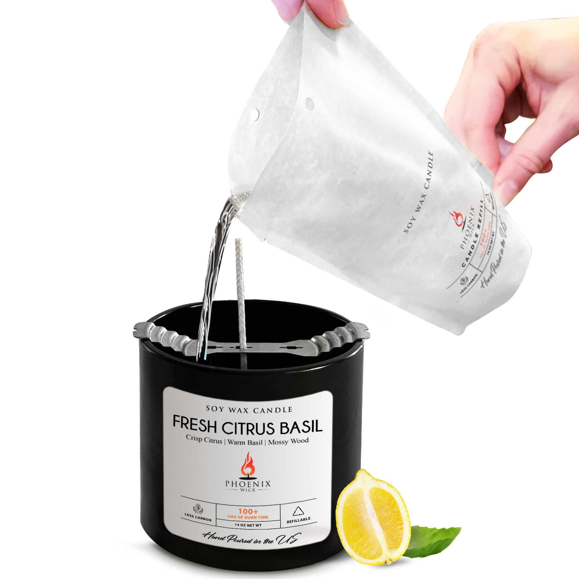 Person pouring water into a candle with a lemon and basil leaf on a white background