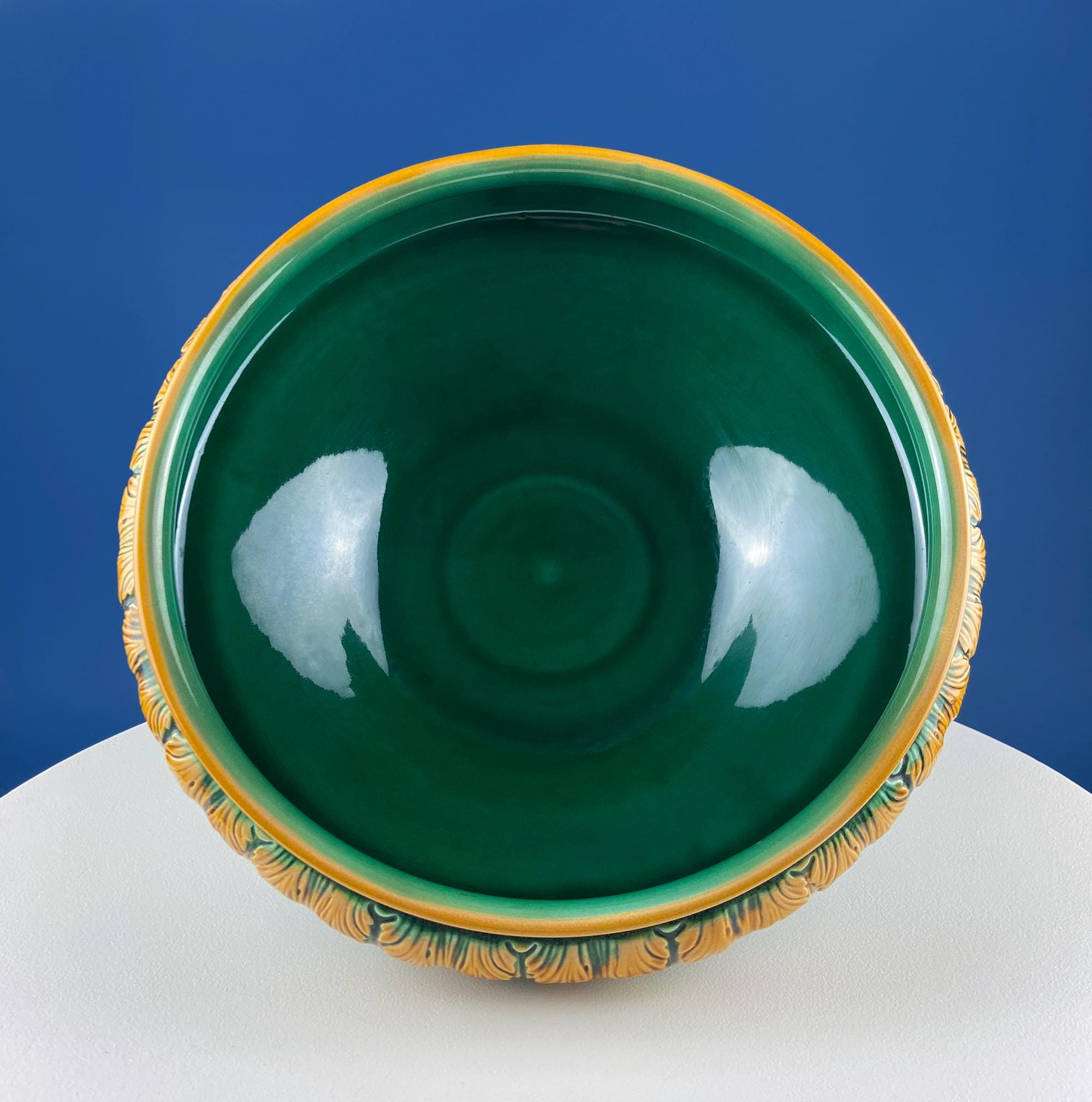 Green Majolica Ceramic Planter with Gold Relief. Abigails Italy. Art Nouveau Flower Fern Jardiniere. Table Centerpiece. Dining Room Decor.