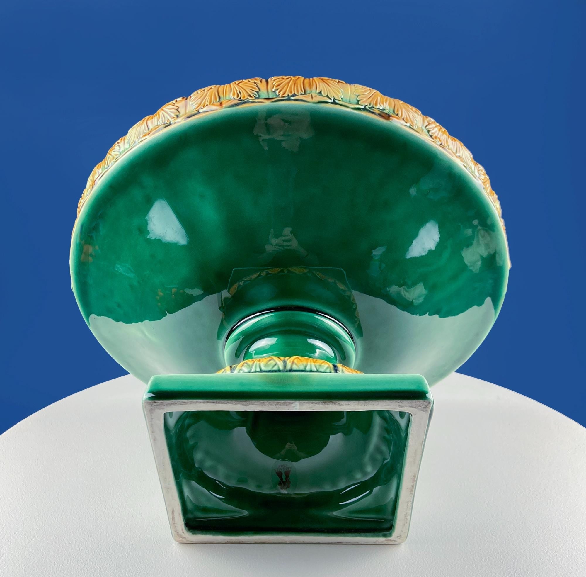 Green Majolica Ceramic Planter with Gold Relief. Abigails Italy. Art Nouveau Flower Fern Jardiniere. Table Centerpiece. Dining Room Decor.