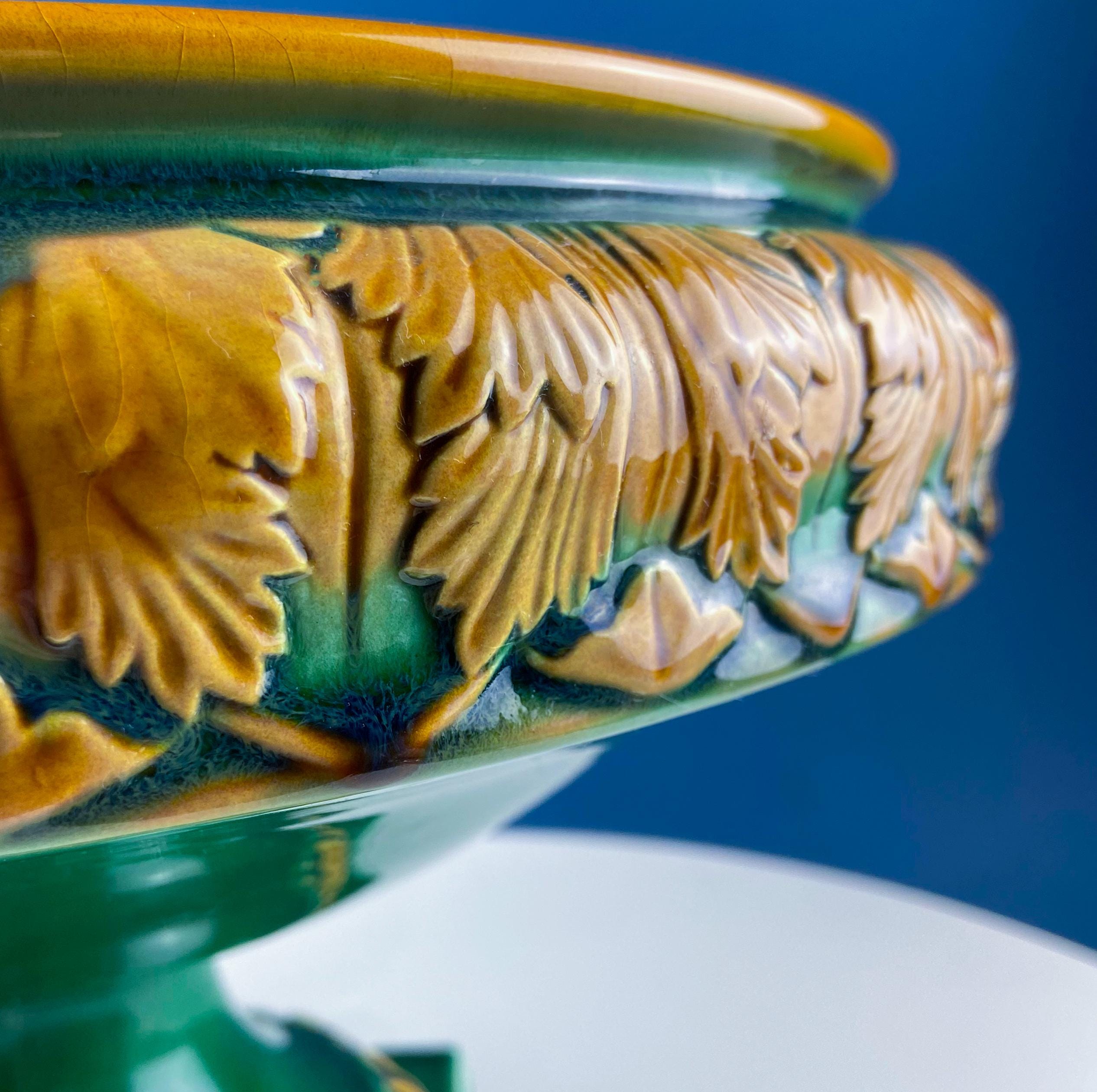 Green Majolica Ceramic Planter with Gold Relief. Abigails Italy. Art Nouveau Flower Fern Jardiniere. Table Centerpiece. Dining Room Decor.