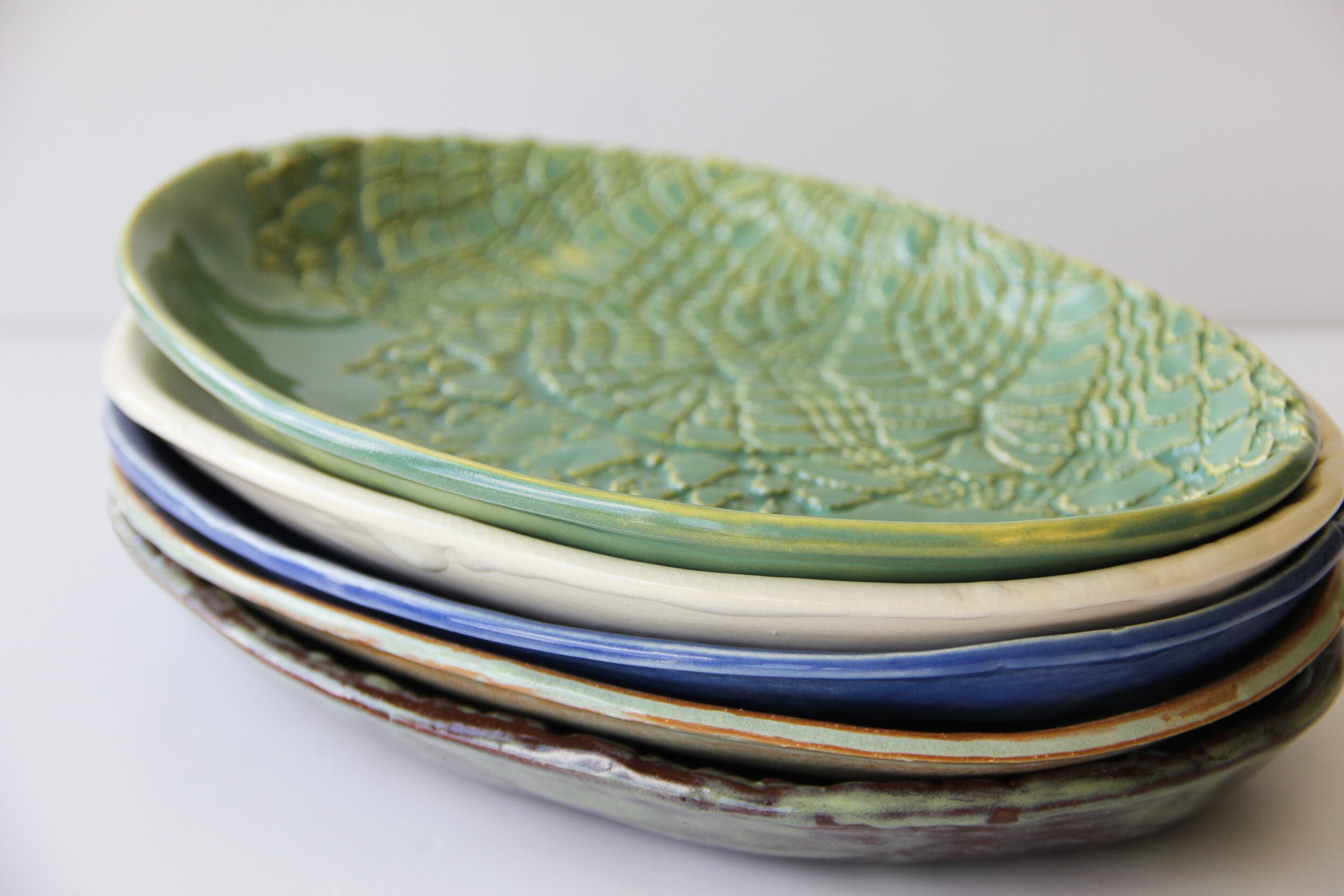 Handmade Embossed Lace Ceramic Oval Platter