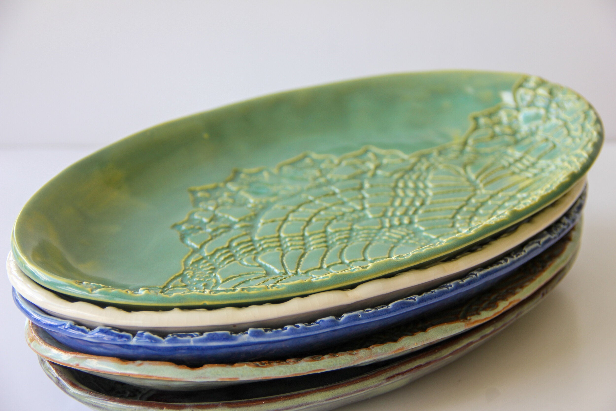 Handmade Embossed Lace Ceramic Oval Platter