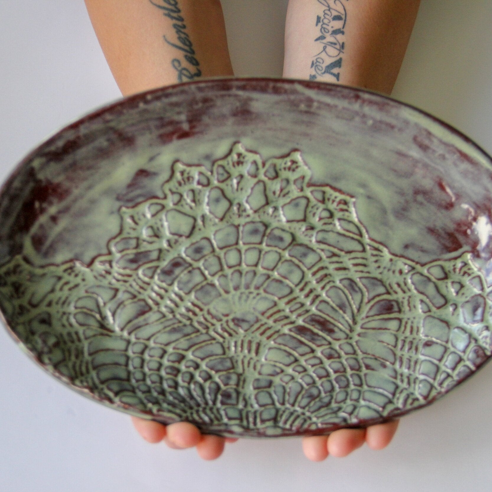 Handmade Embossed Lace Ceramic Oval Platter