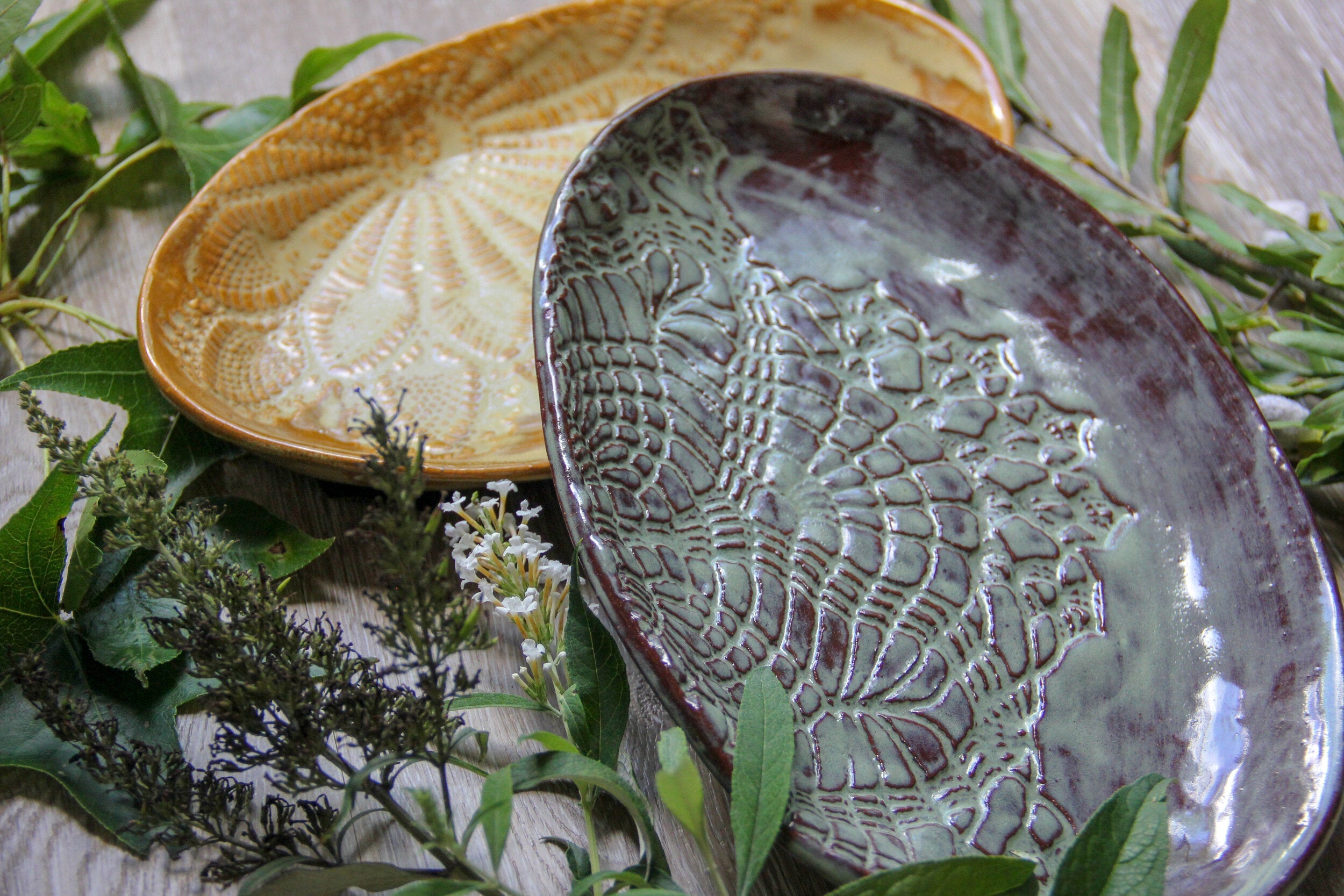 Handmade Embossed Lace Ceramic Oval Platter