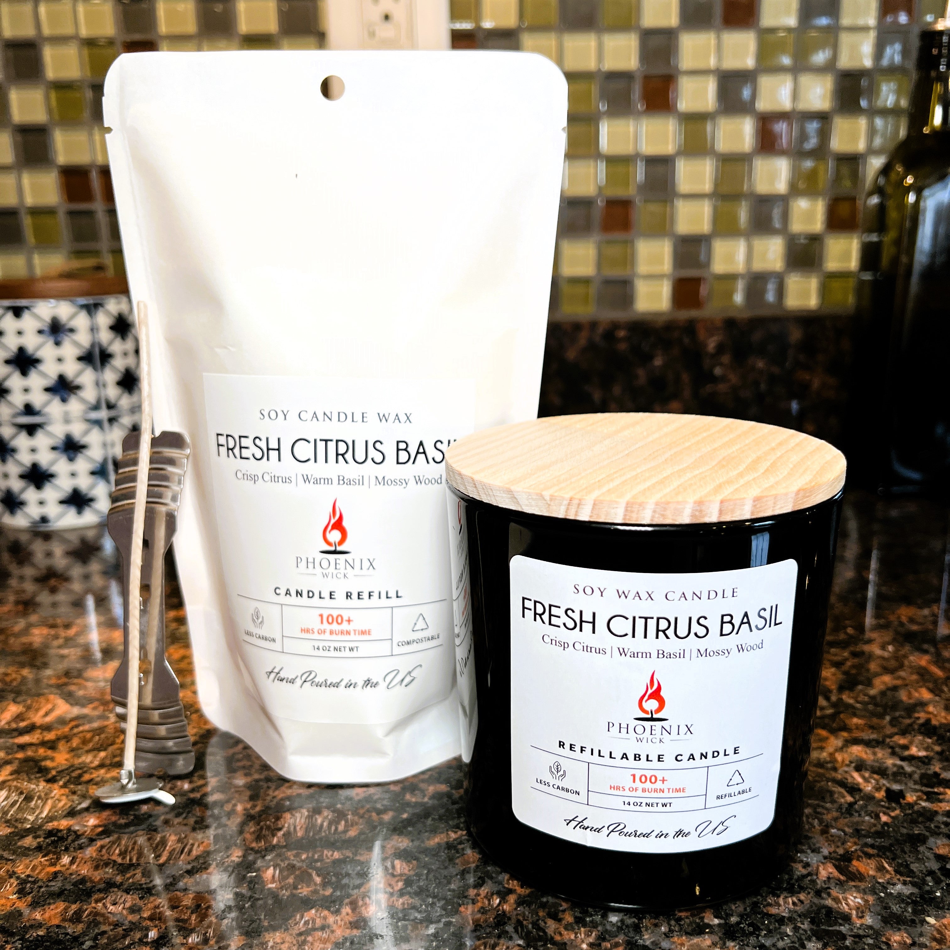 Fresh Citrus Basil candle and refill pack on a kitchen counter