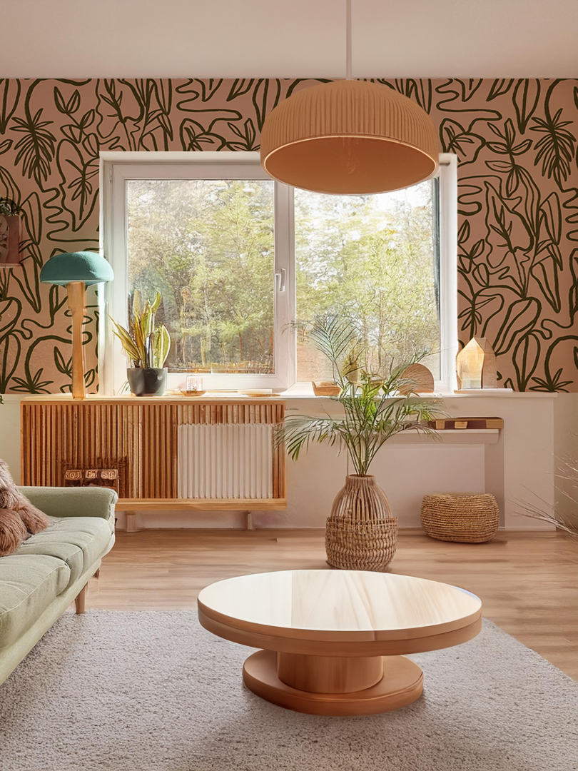 Inked Foliage Wallpaper, peach and olive green
