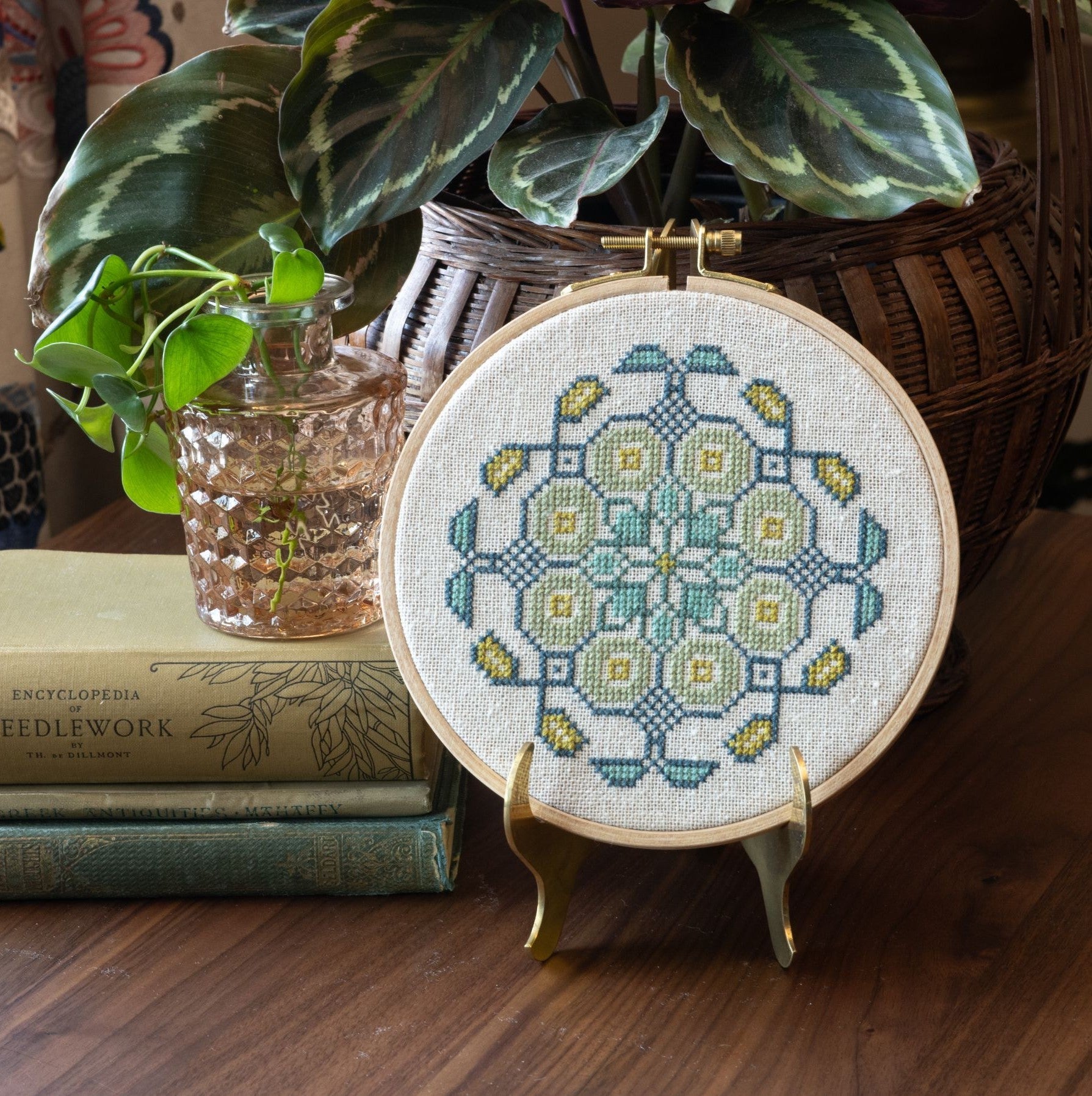 Mediterranean Medallion cross stitch hoop kit in three colors