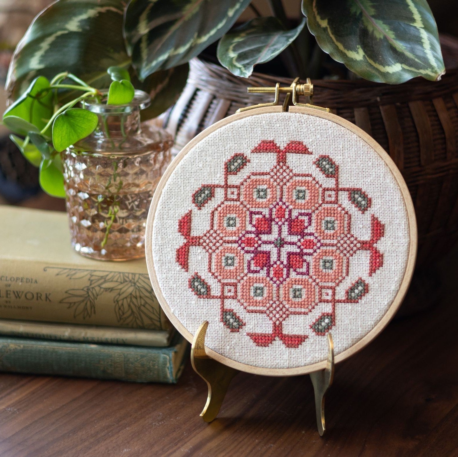 Mediterranean Medallion cross stitch hoop kit in three colors