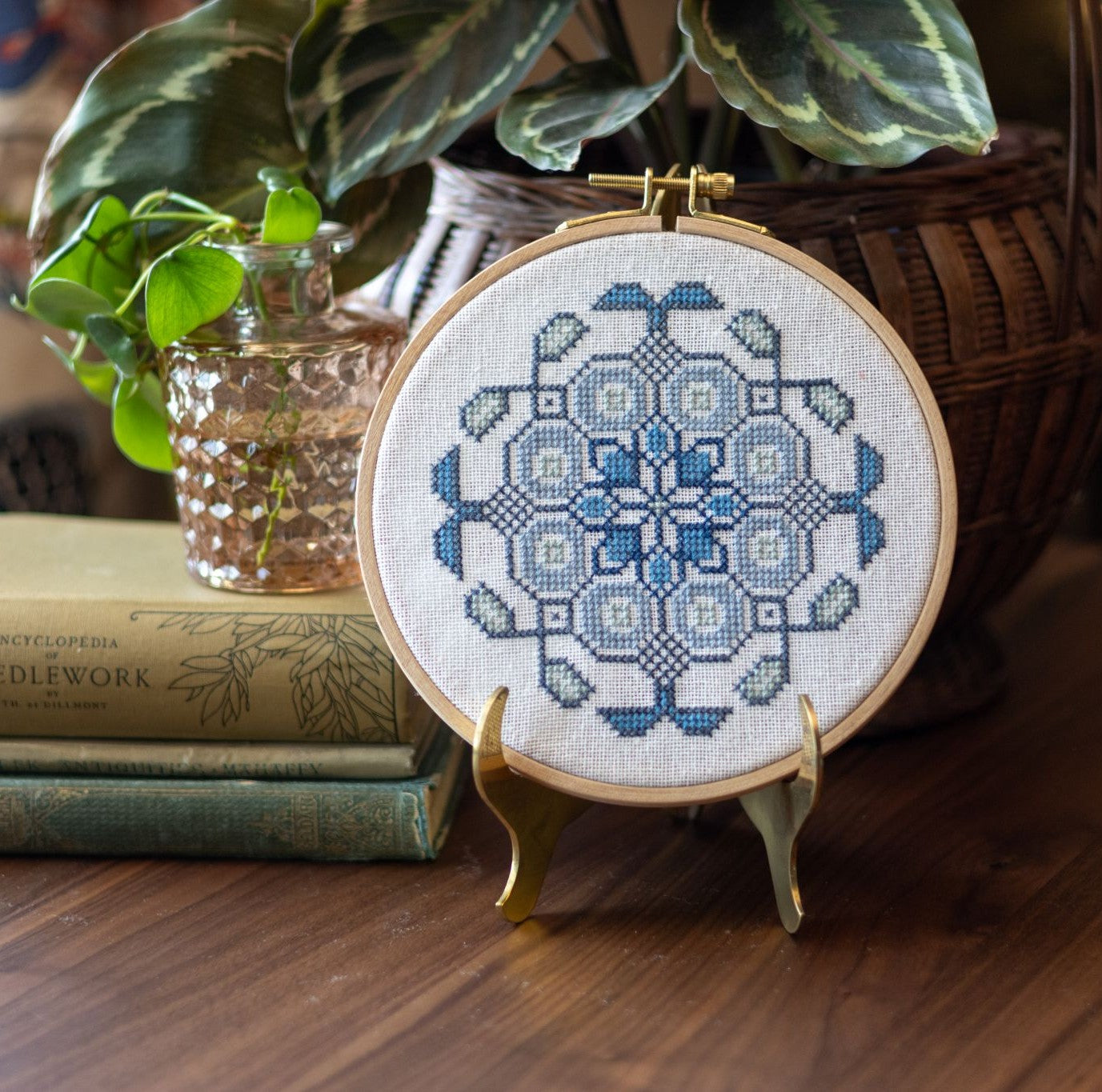 Mediterranean Medallion cross stitch hoop kit in three colors