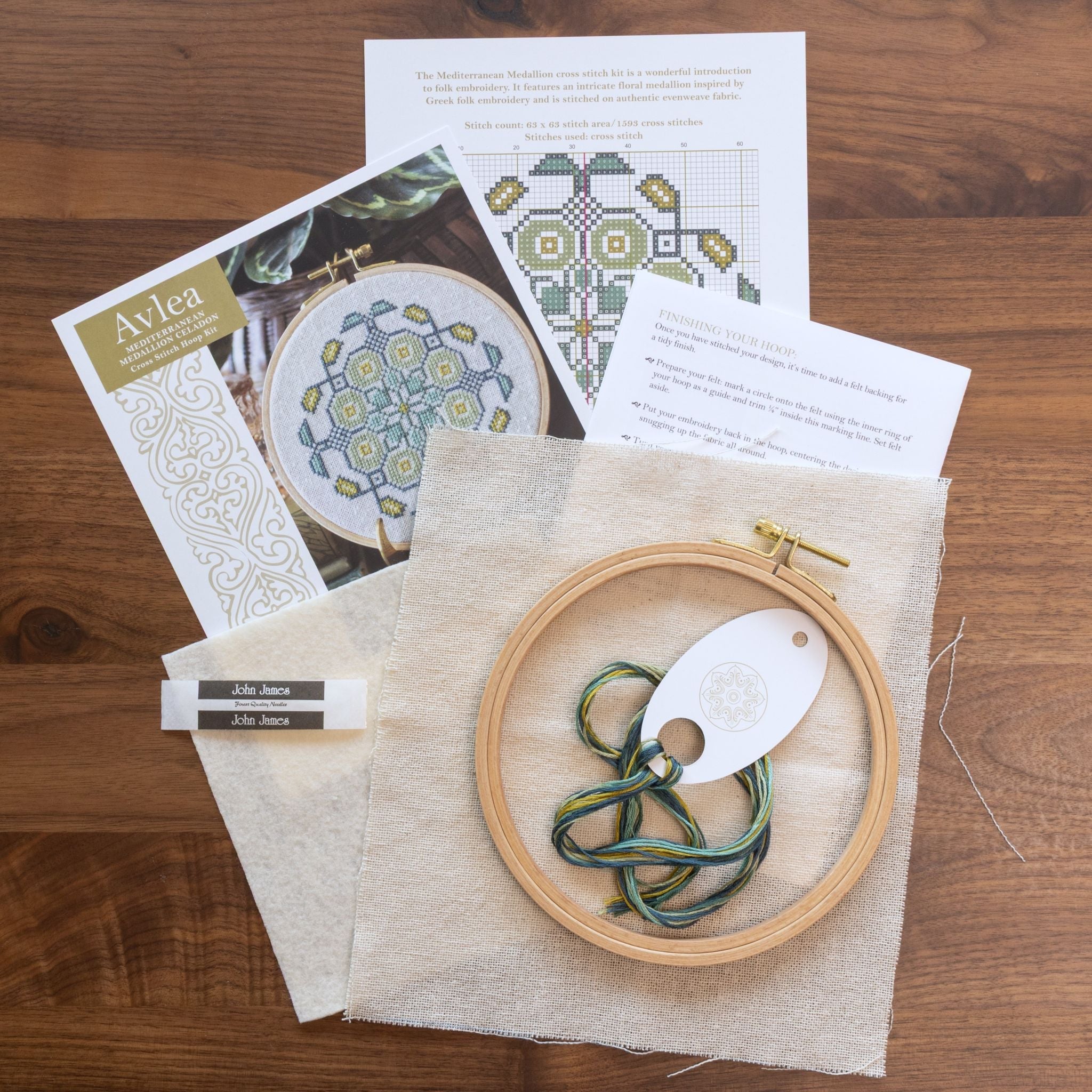 Mediterranean Medallion cross stitch hoop kit in three colors