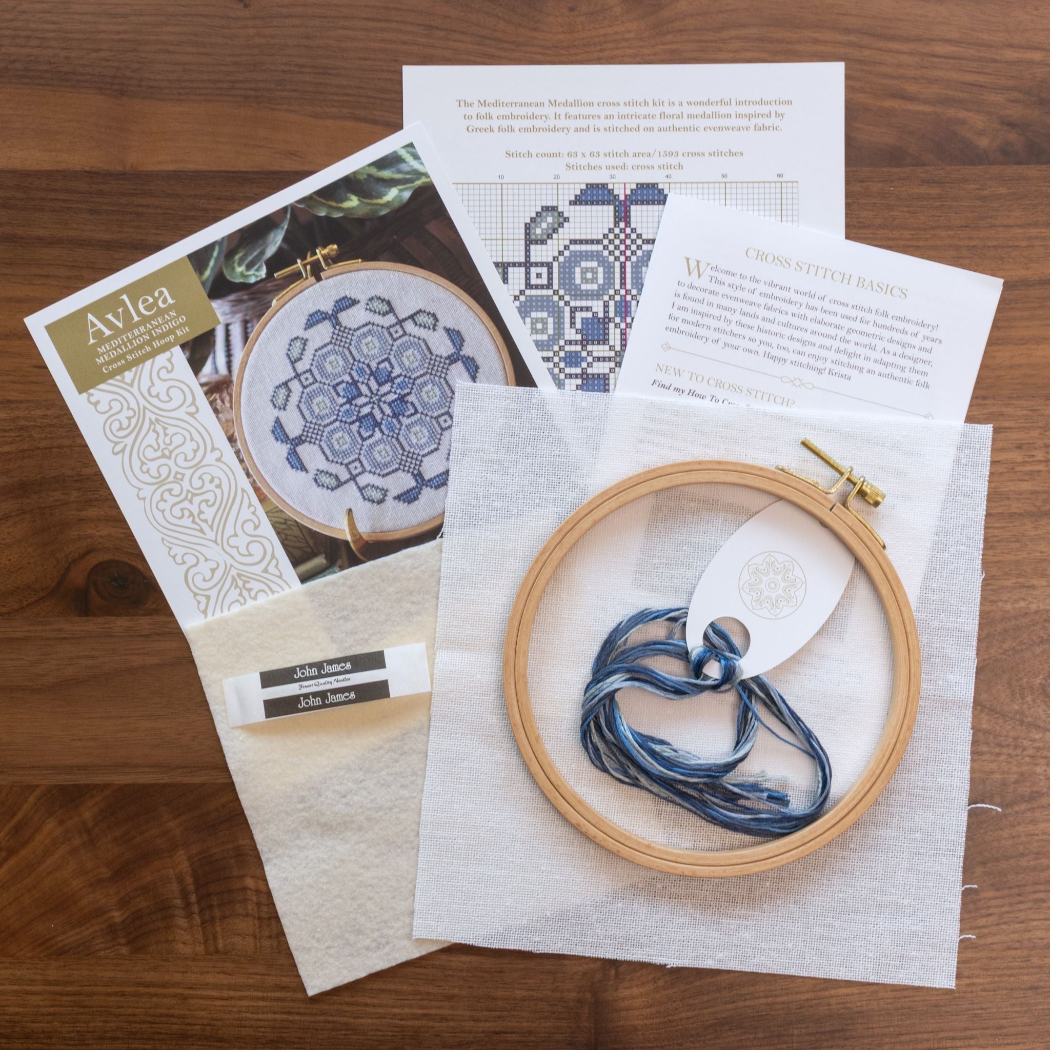 Mediterranean Medallion cross stitch hoop kit in three colors