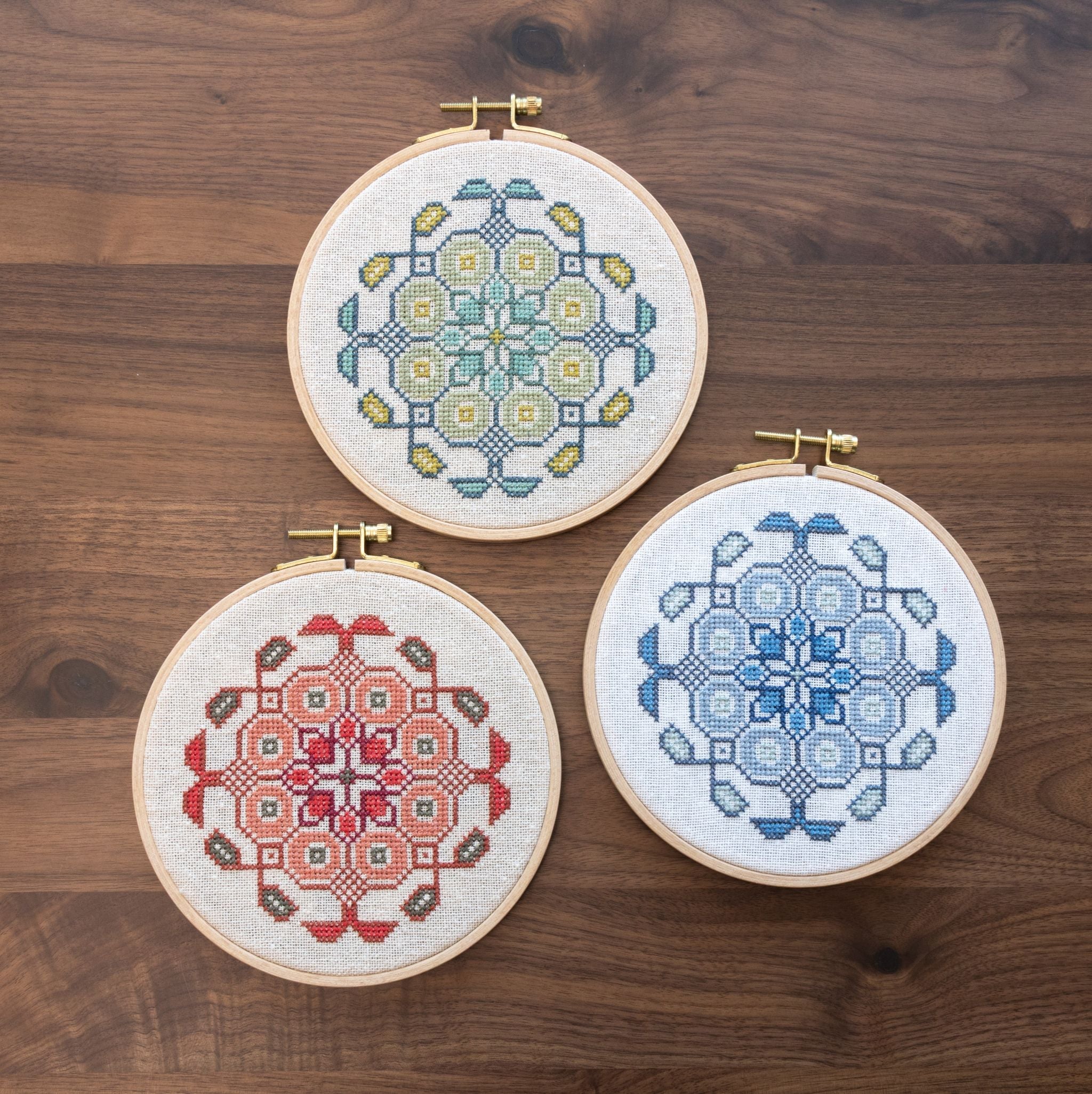 Mediterranean Medallion cross stitch hoop kit in three colors