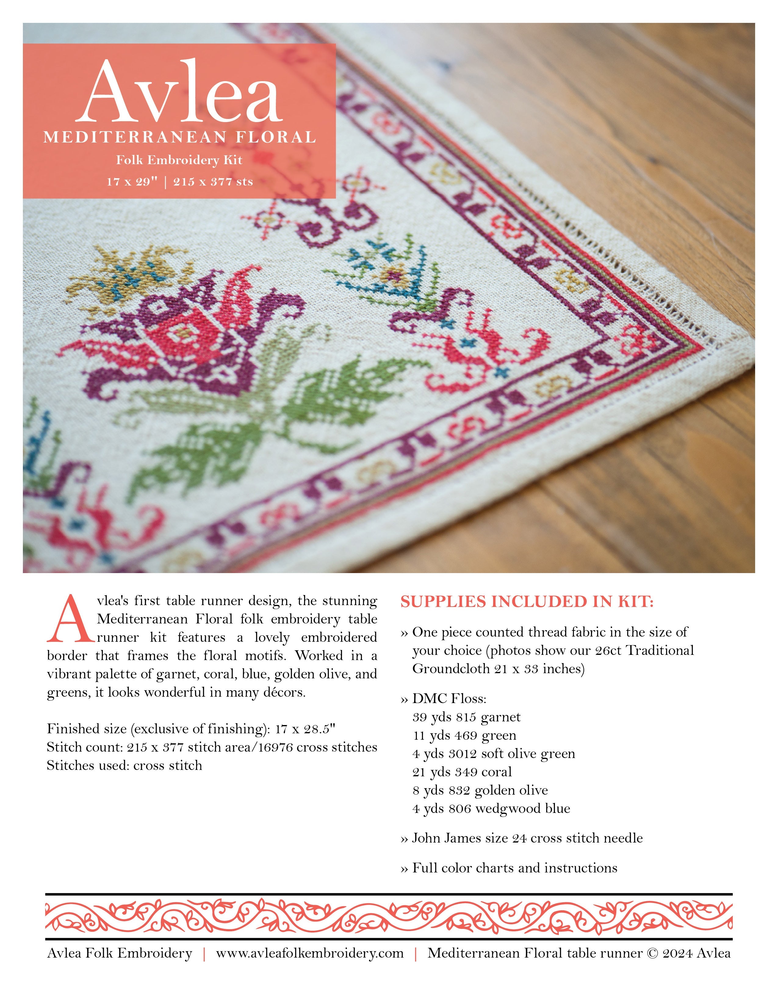 Mediterranean Floral cross stitch folk embroidery kit