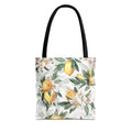 Mediterranean Lemon Blossom Tote Bag — Floral Citrus, White with Black Handle