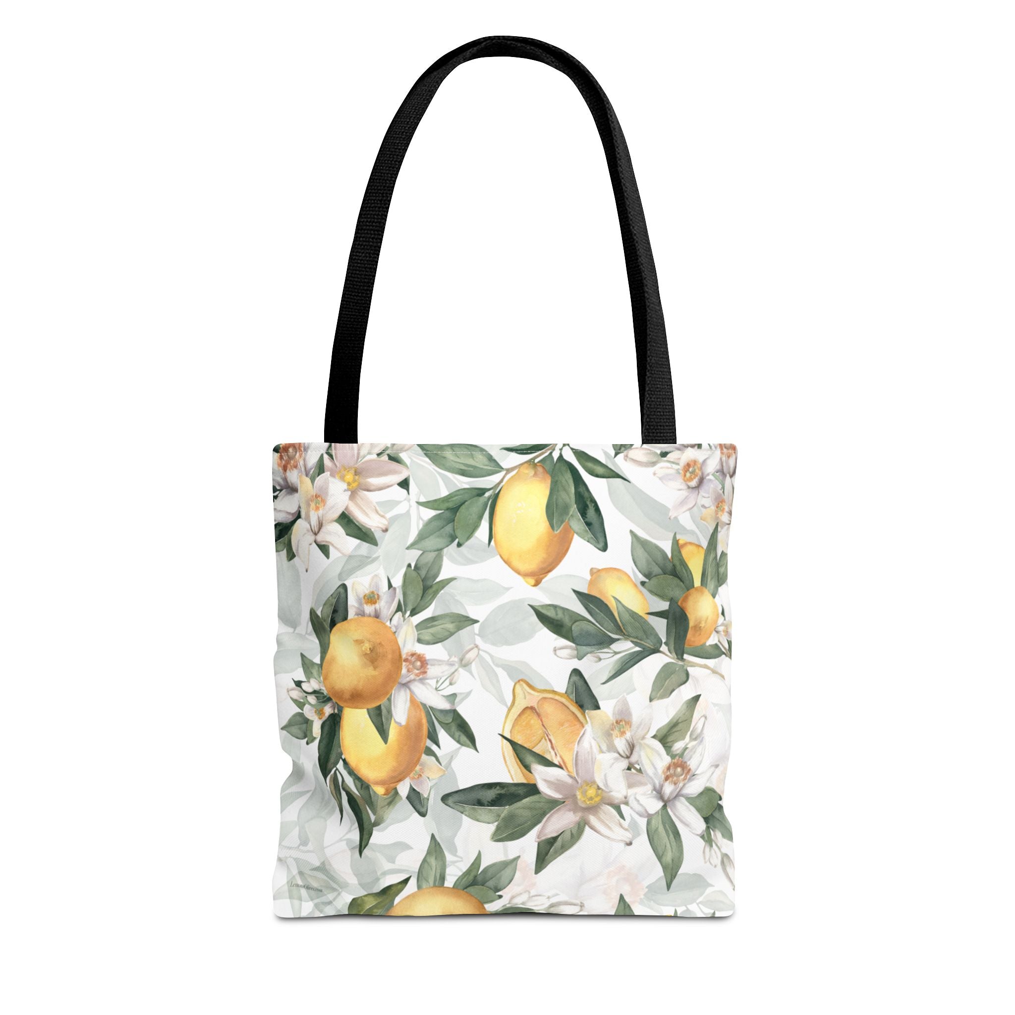 Mediterranean Lemon Blossom Tote Bag — Floral Citrus, White with Black Handle