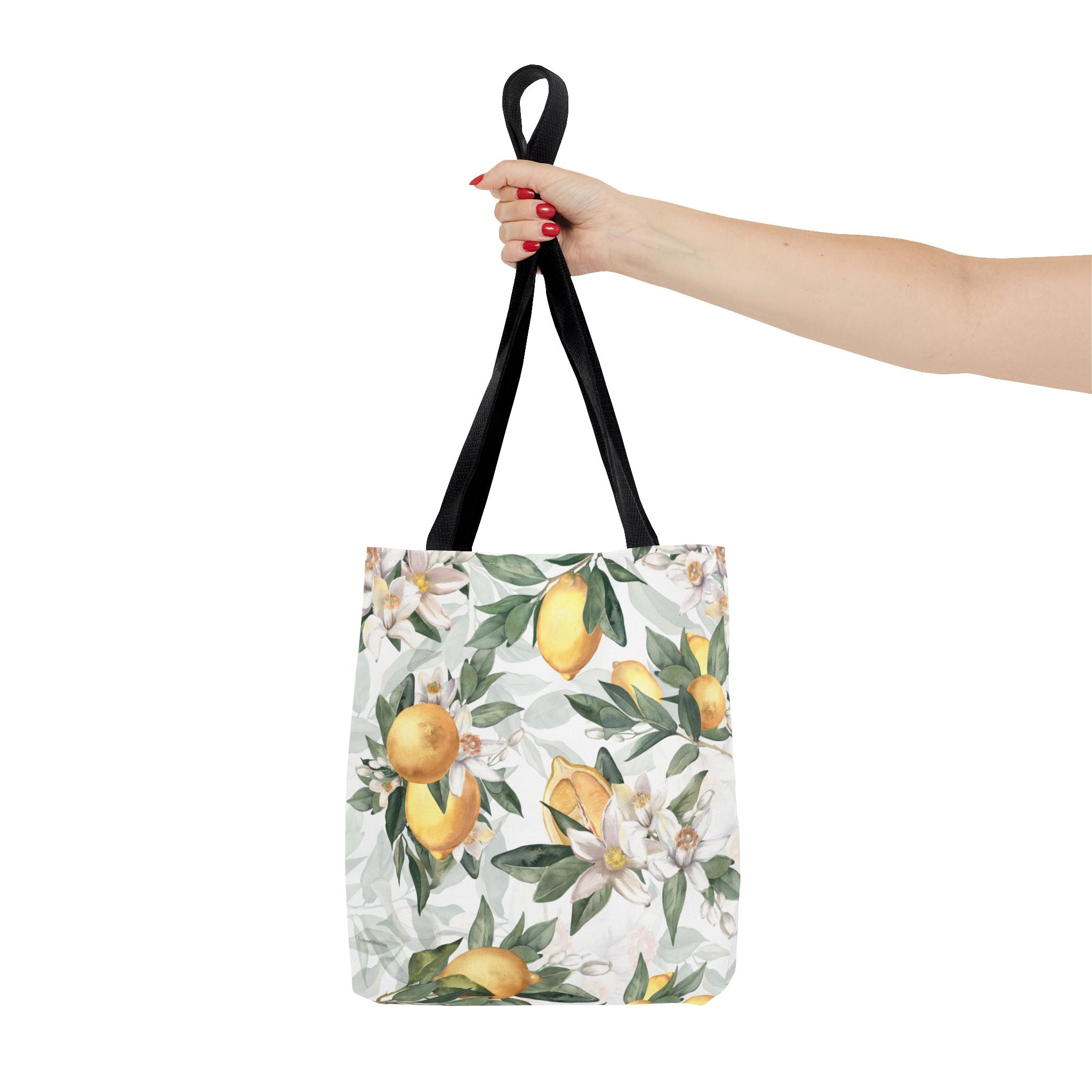 Mediterranean Lemon Blossom Tote Bag — Floral Citrus, White with Black Handle