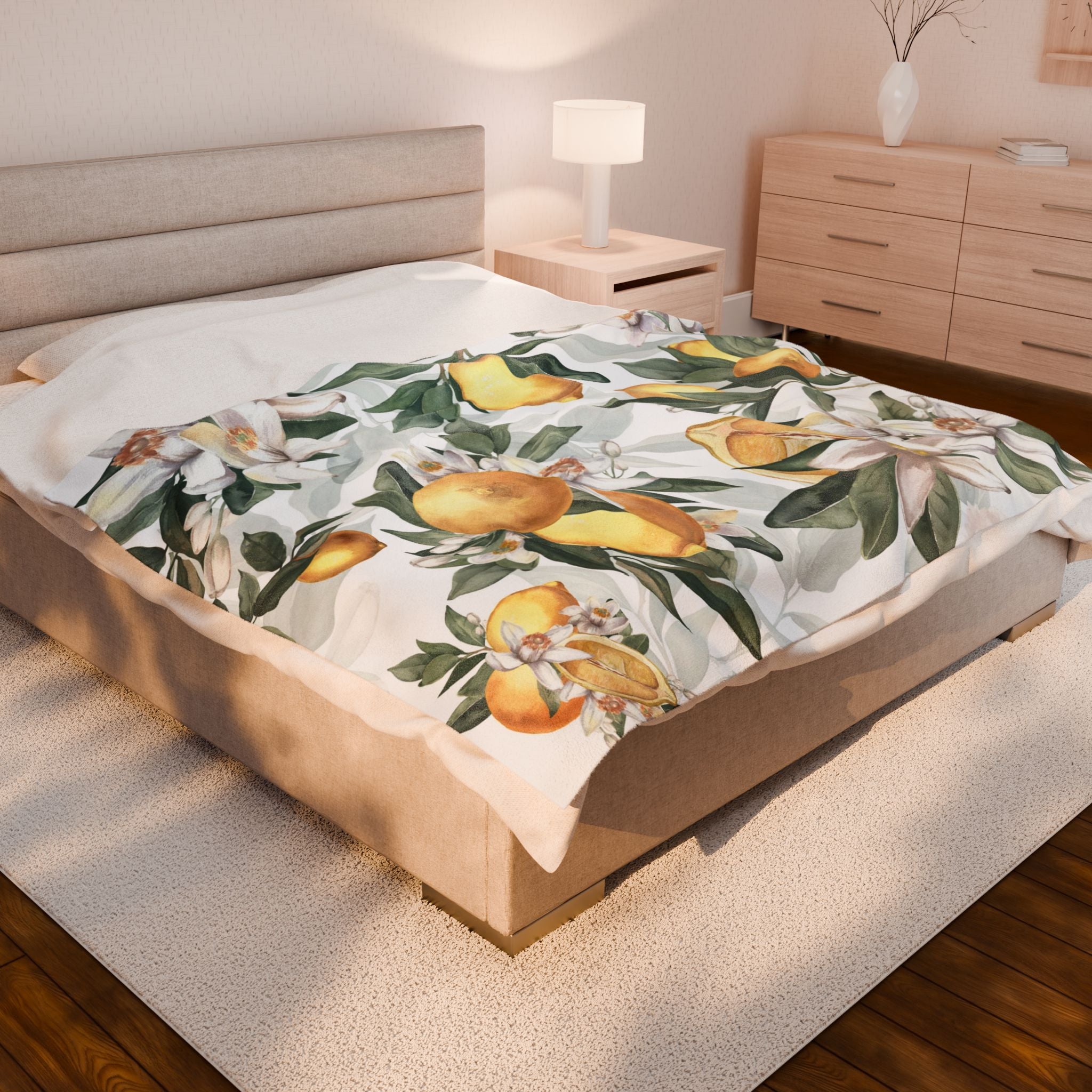 Lemon Blossom Velveteen Plush Blanket — Lemon Floral Cozy Throw