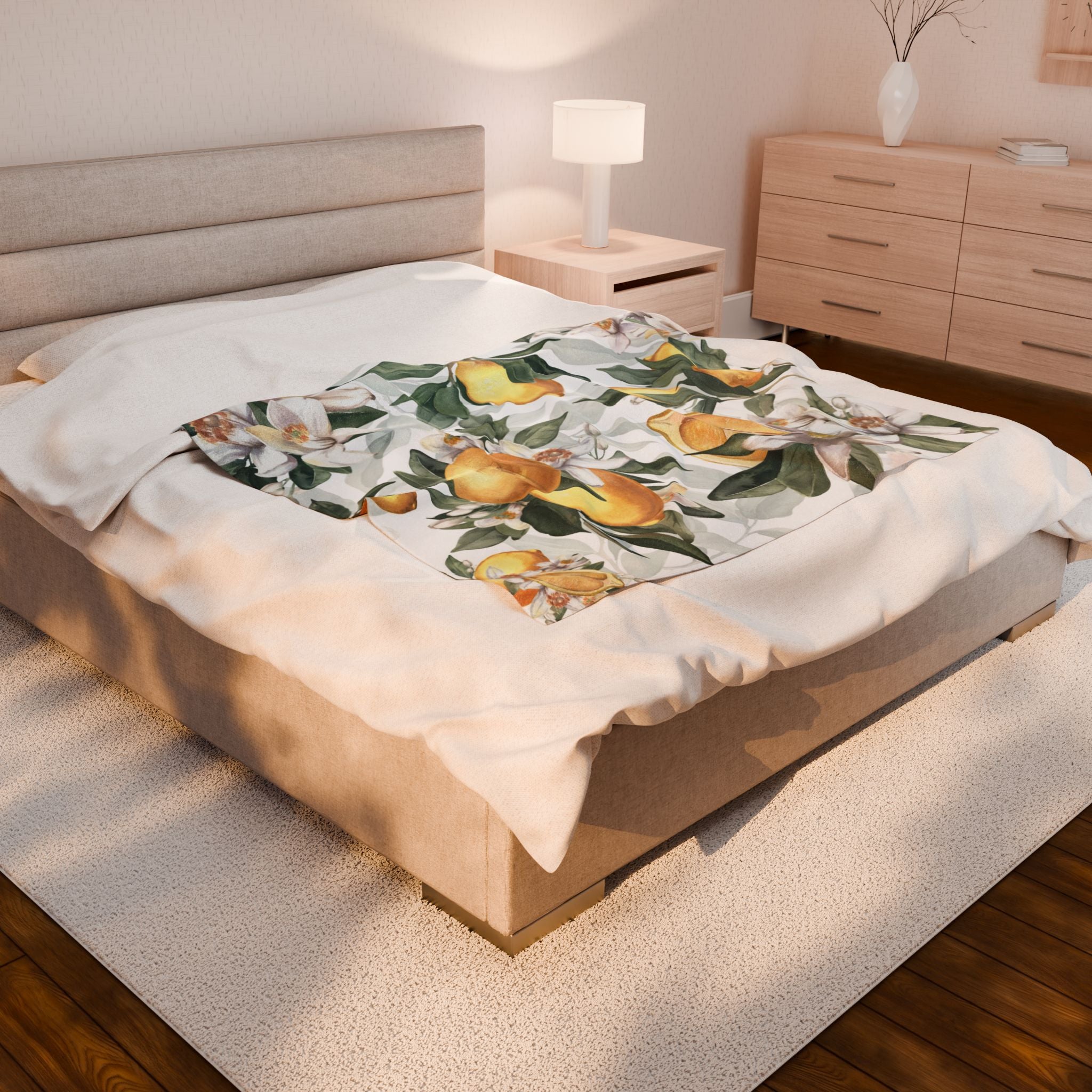 Lemon Blossom Velveteen Plush Blanket — Lemon Floral Cozy Throw