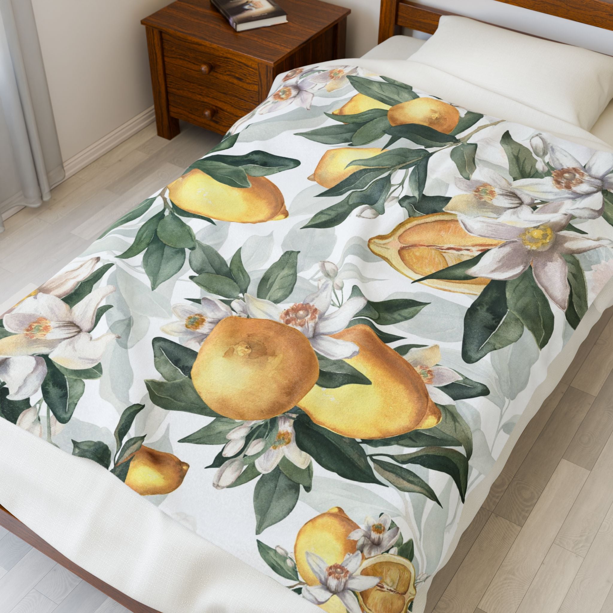 Lemon Blossom Velveteen Plush Blanket — Lemon Floral Cozy Throw