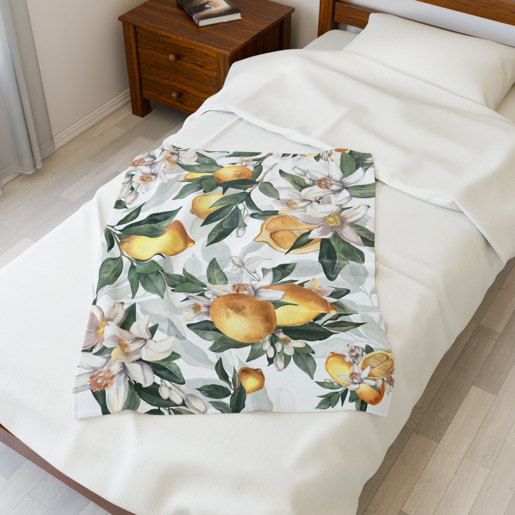 Lemon Blossom Velveteen Plush Blanket — Lemon Floral Cozy Throw