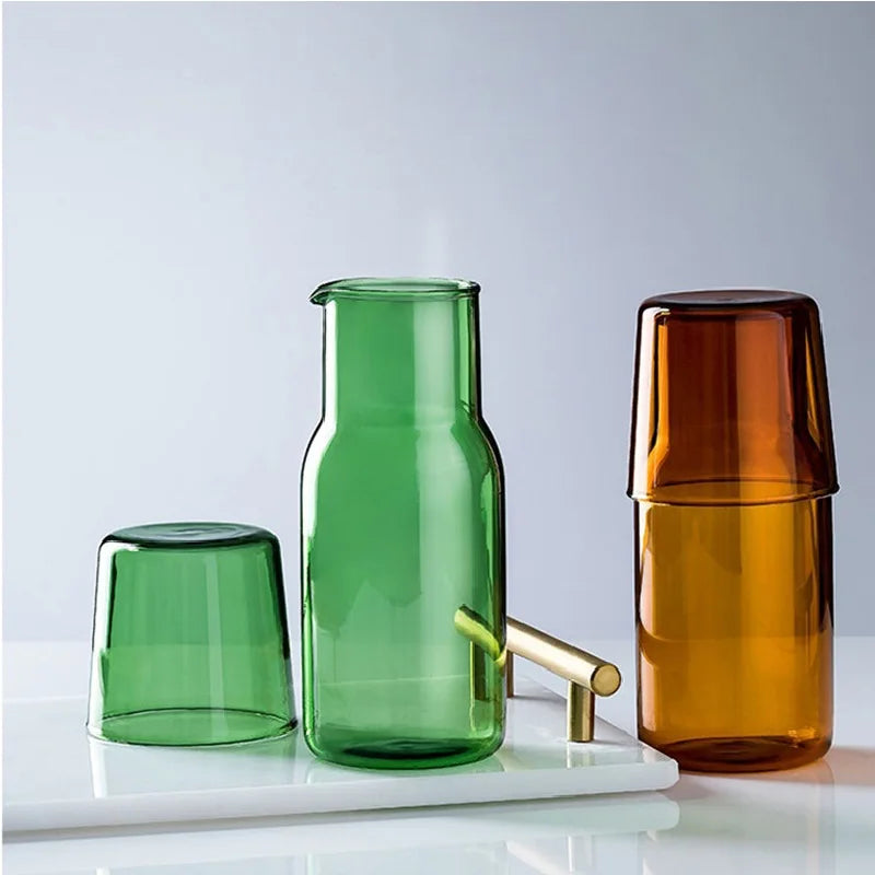 Bedside Water Carafe and Glass Set in Blue, Amber, Teal, Grey Glass